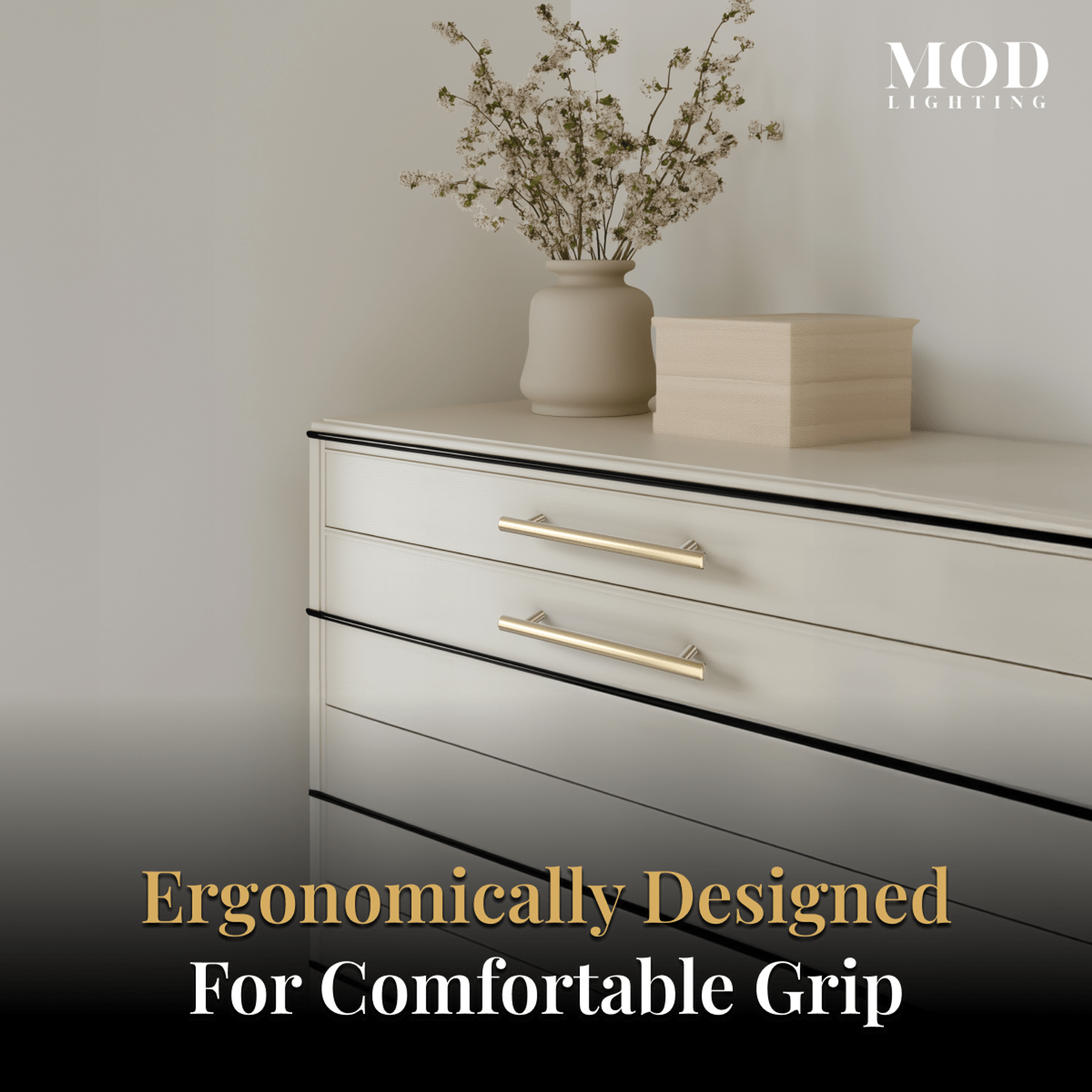 Alison brushed-gold cabinet pulls on cream drawers, labeled ergonomically designed for comfortable grip