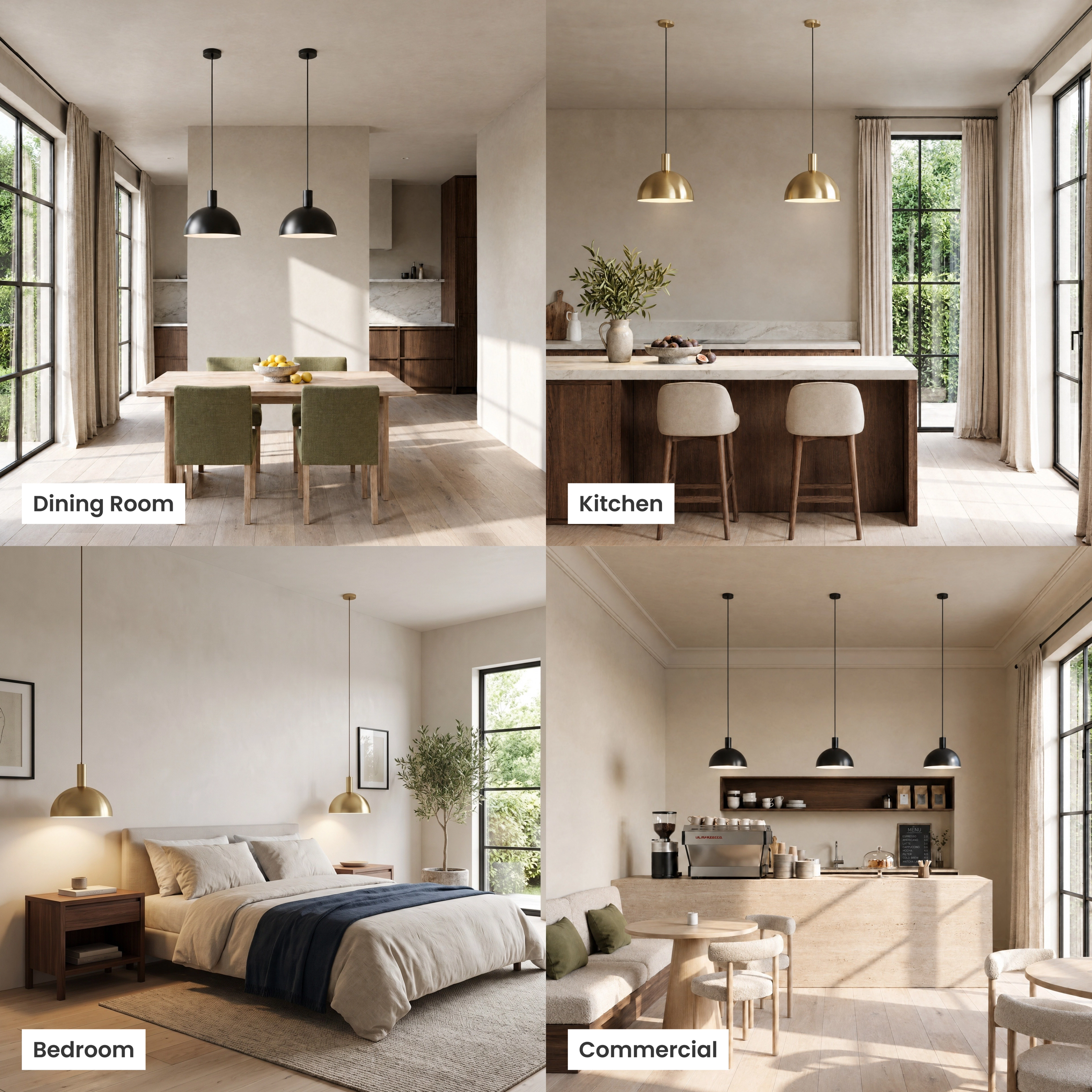 Kinsley gold and black dome pendants shown in living room, kitchen, bedroom and commercial settings