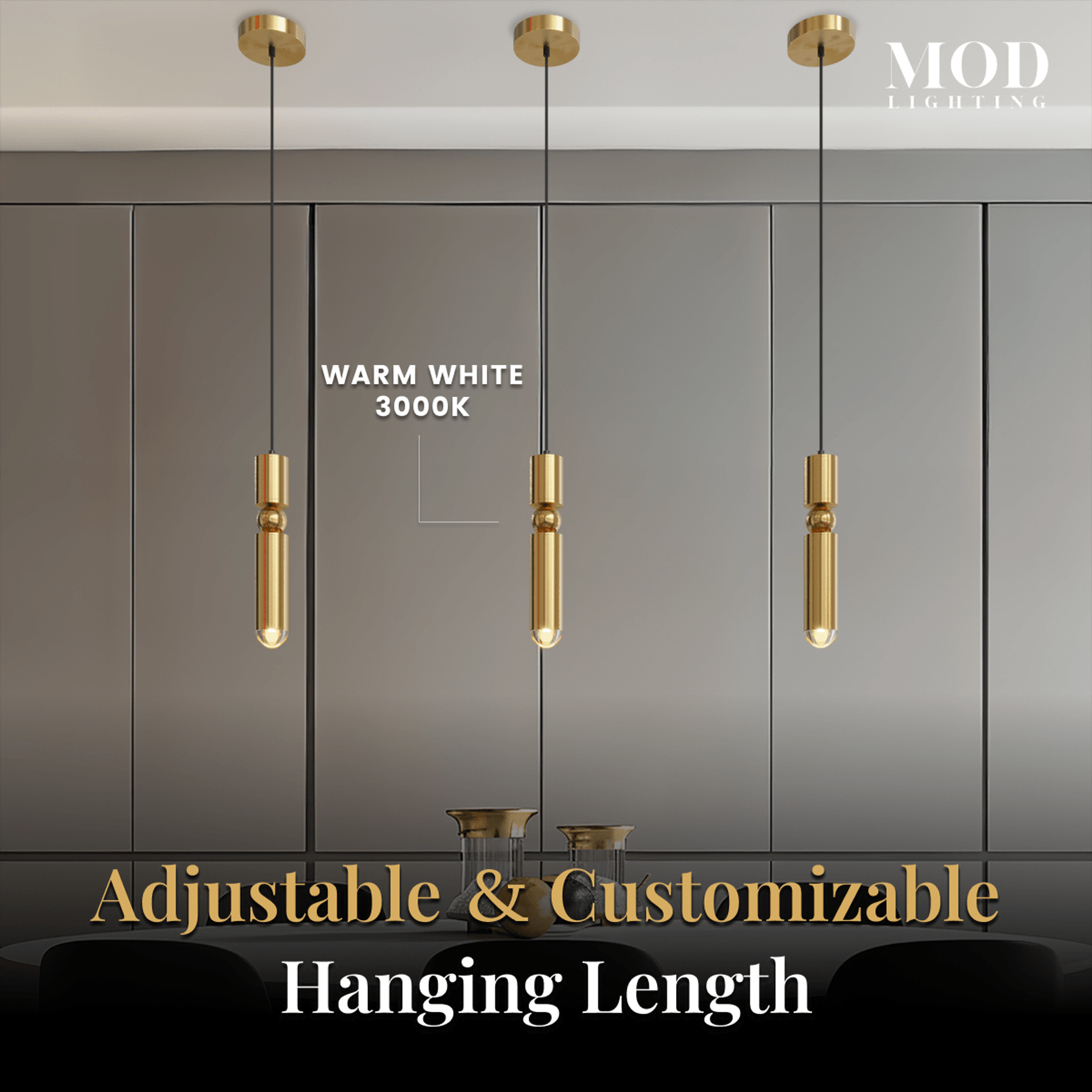 Jetta gold cylindrical pendants in warm white over grey cabinetry, Warm White 3000K and adjustable-length callout