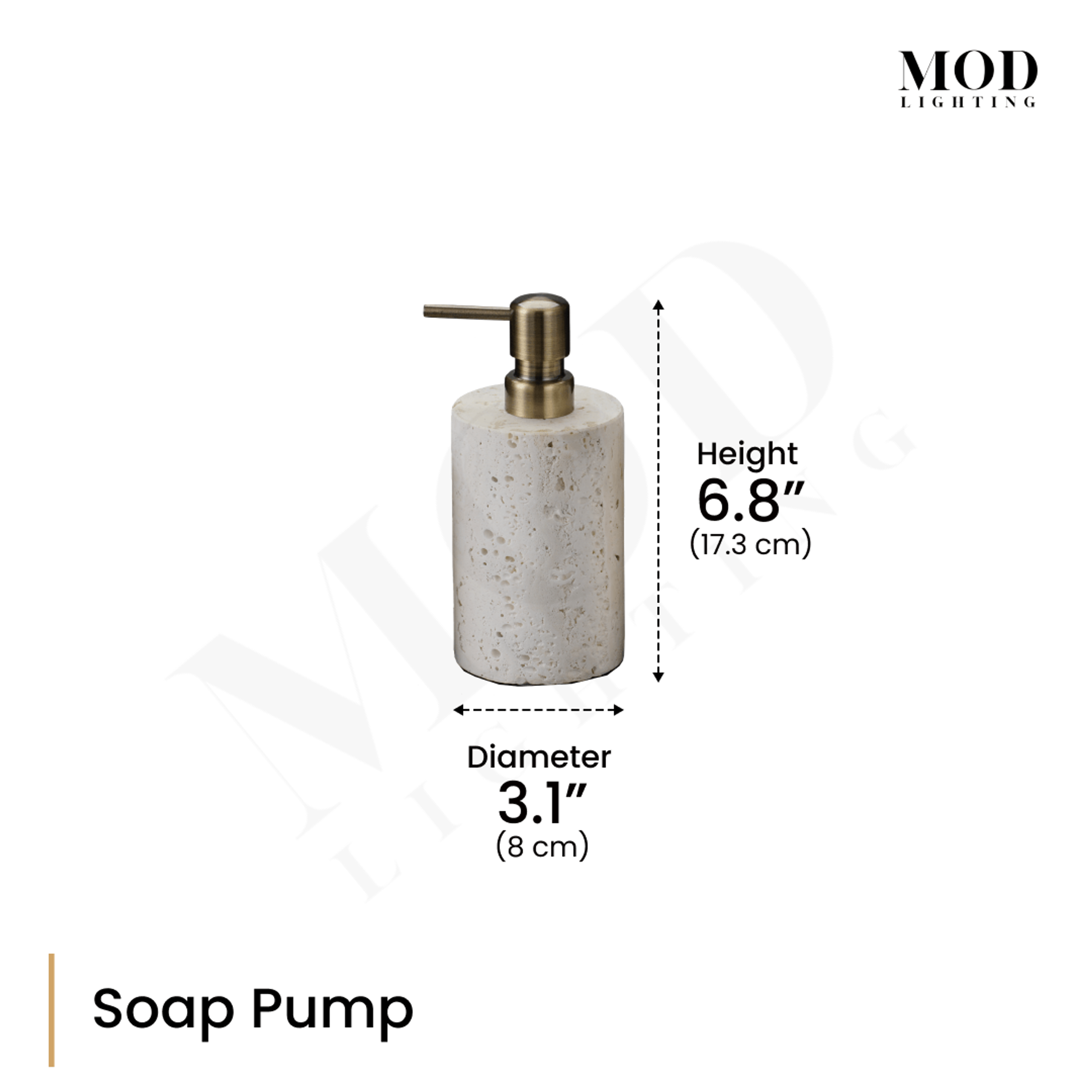 Alabaster Travertine soap pump, cream stone bottle with brass pump, diagram: 6.8 in H, 3.1 in diameter