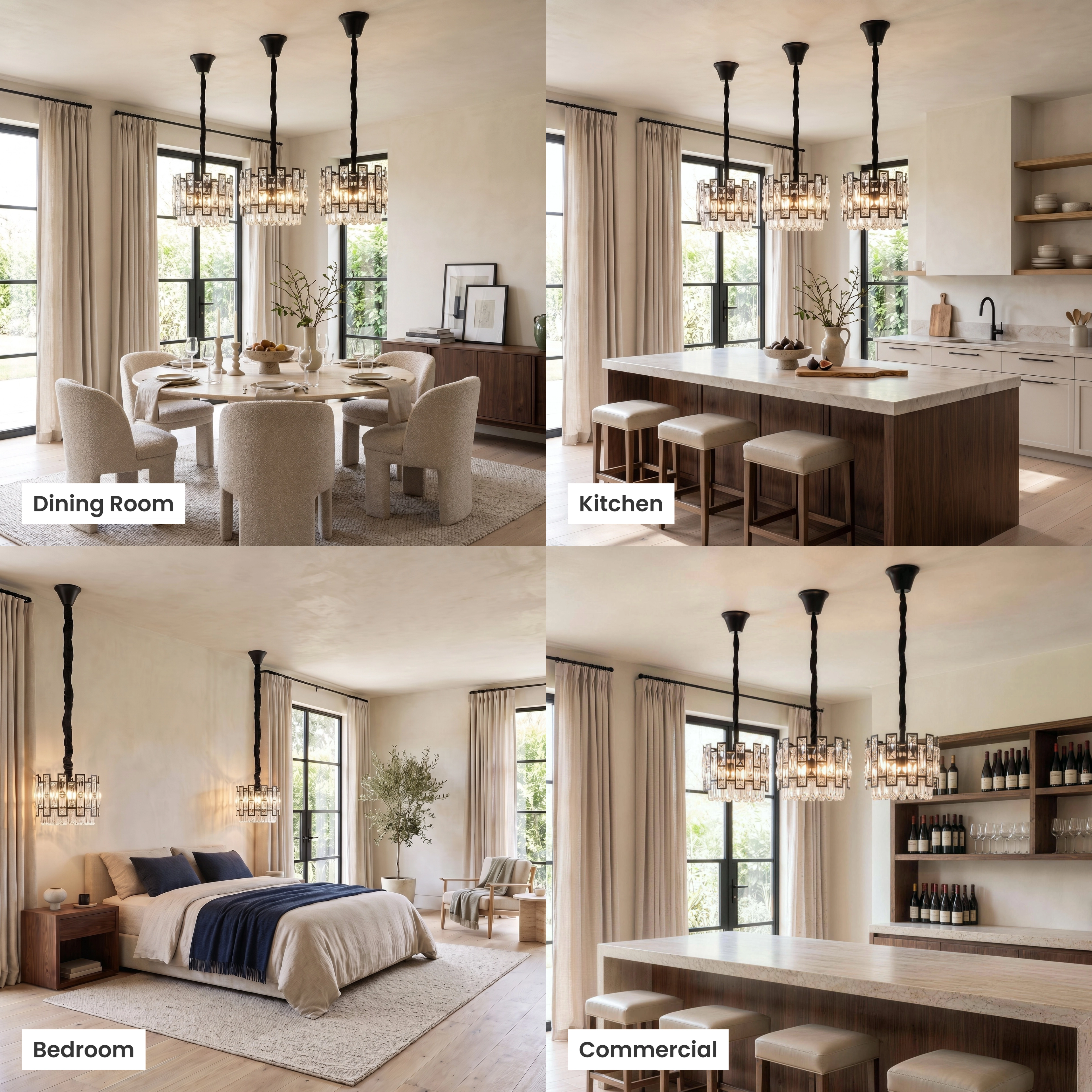Mini Raven black crystal pendants shown lit in four settings: living room, kitchen, dining room, commercial