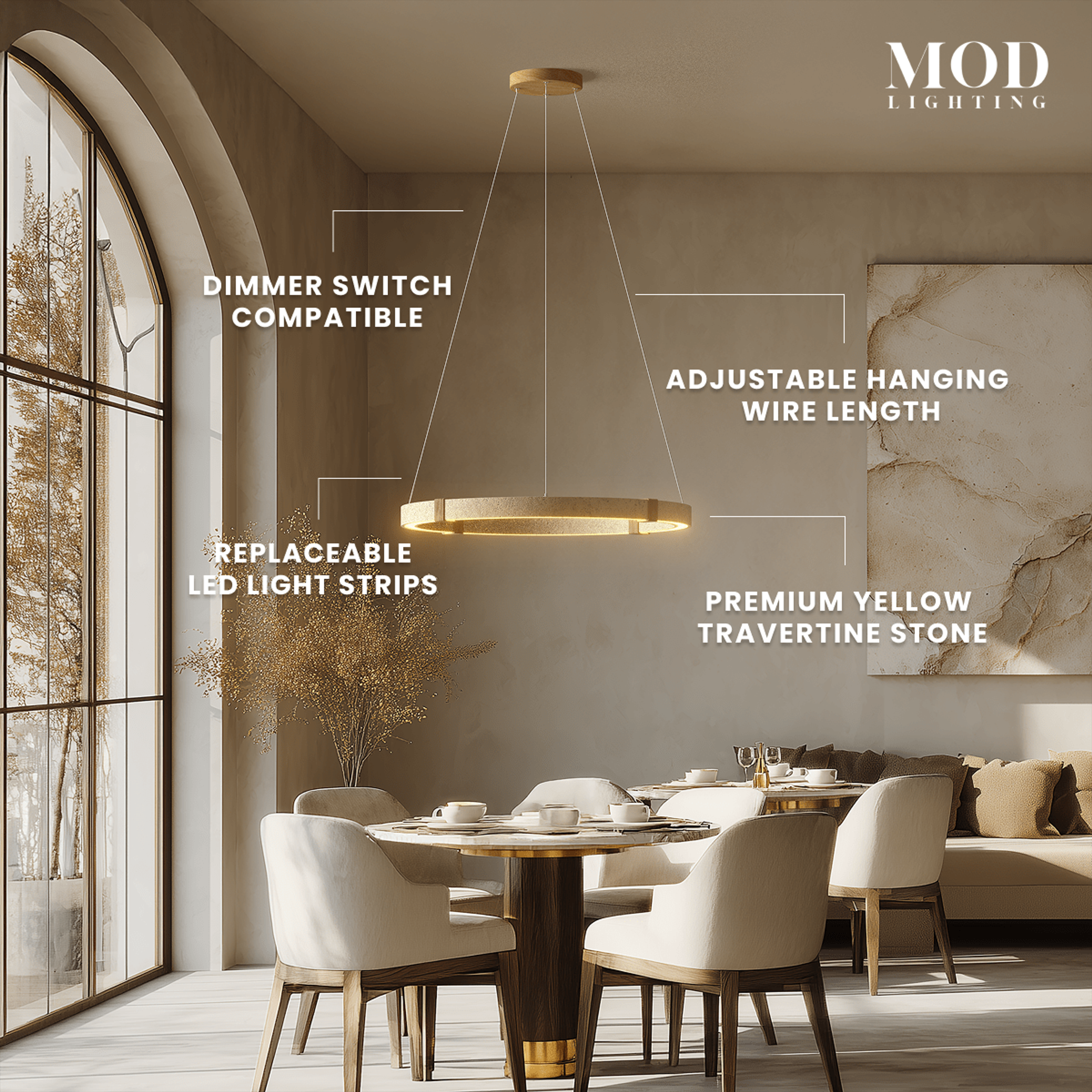 Arabella travertine stone chandelier, gold-and-stone ring pendant over a dining table, with feature callouts
