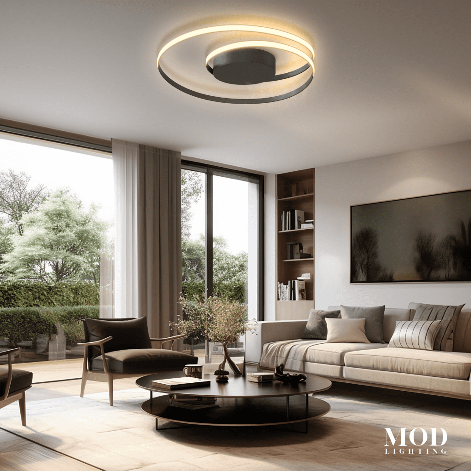 Spiral pendant, cascade of clear glass spheres down a staircase in a paneled foyer