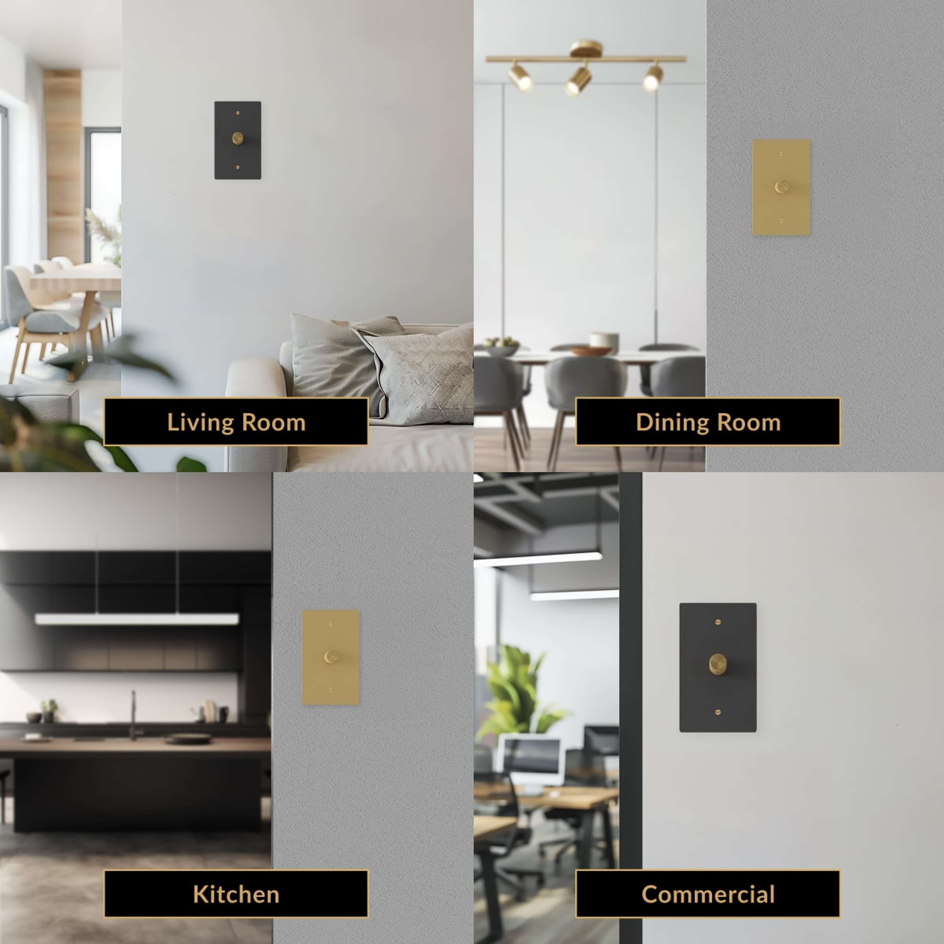 Modern Dimmer Switch in brushed gold and matte black shown in living room, dining room, kitchen and office