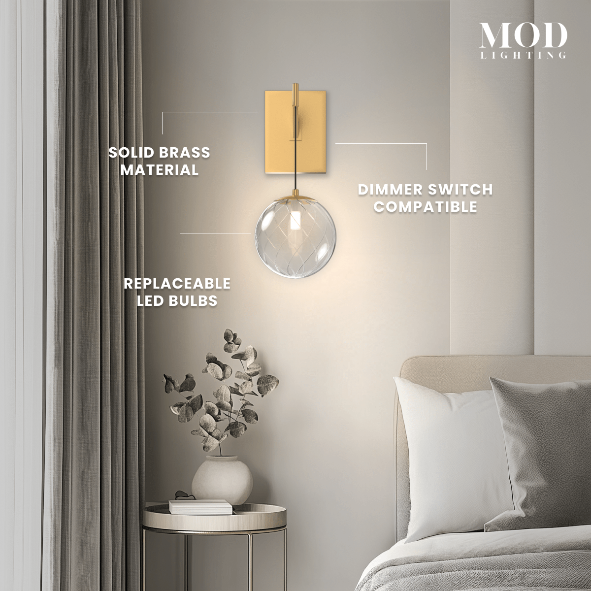 Mirella Sconce in solid brass with replaceable LED bulb and dimmer support, mounted above a bedroom nightstand