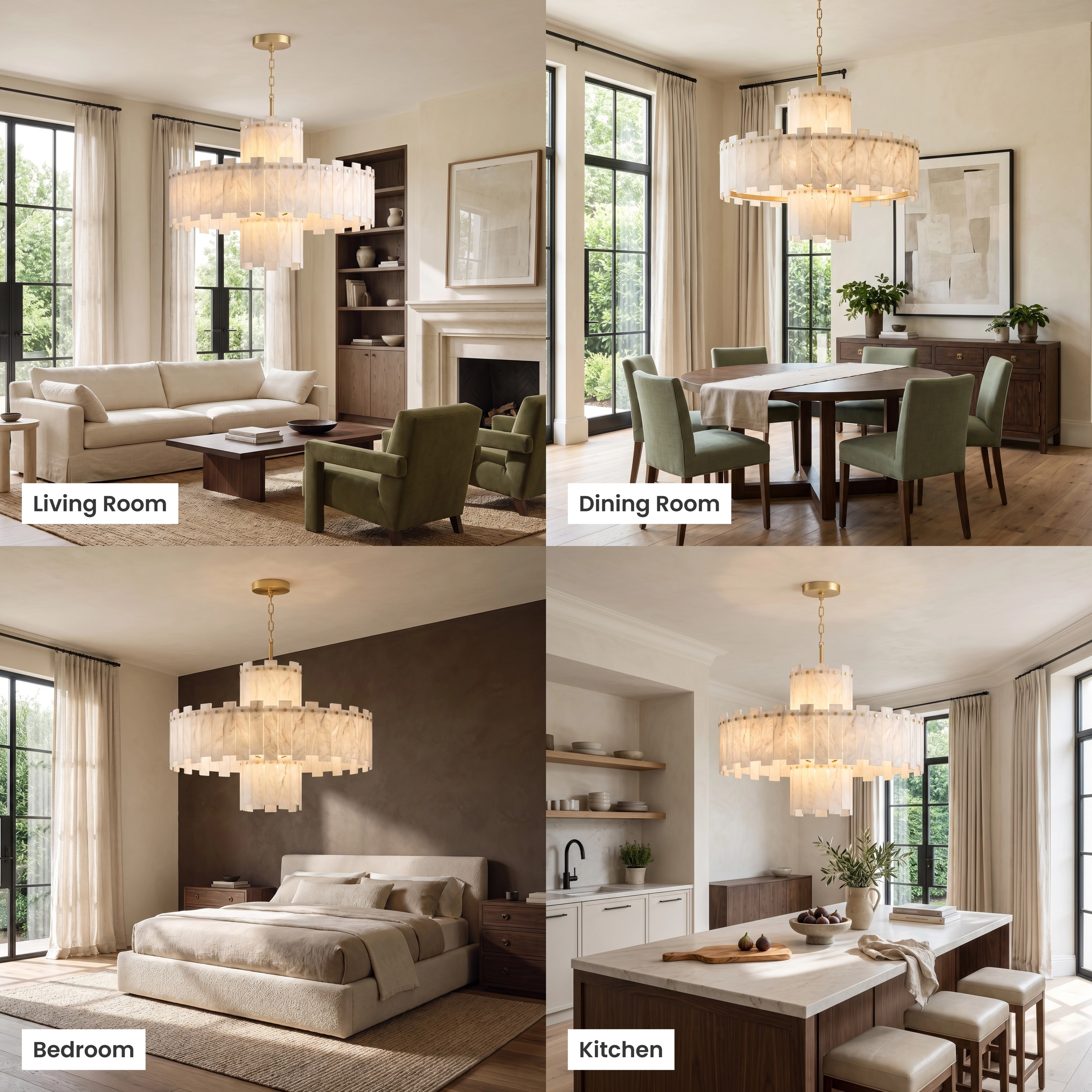 Velina brass chandelier with tiered white alabaster panels, in living room, dining, bedroom and commercial spaces