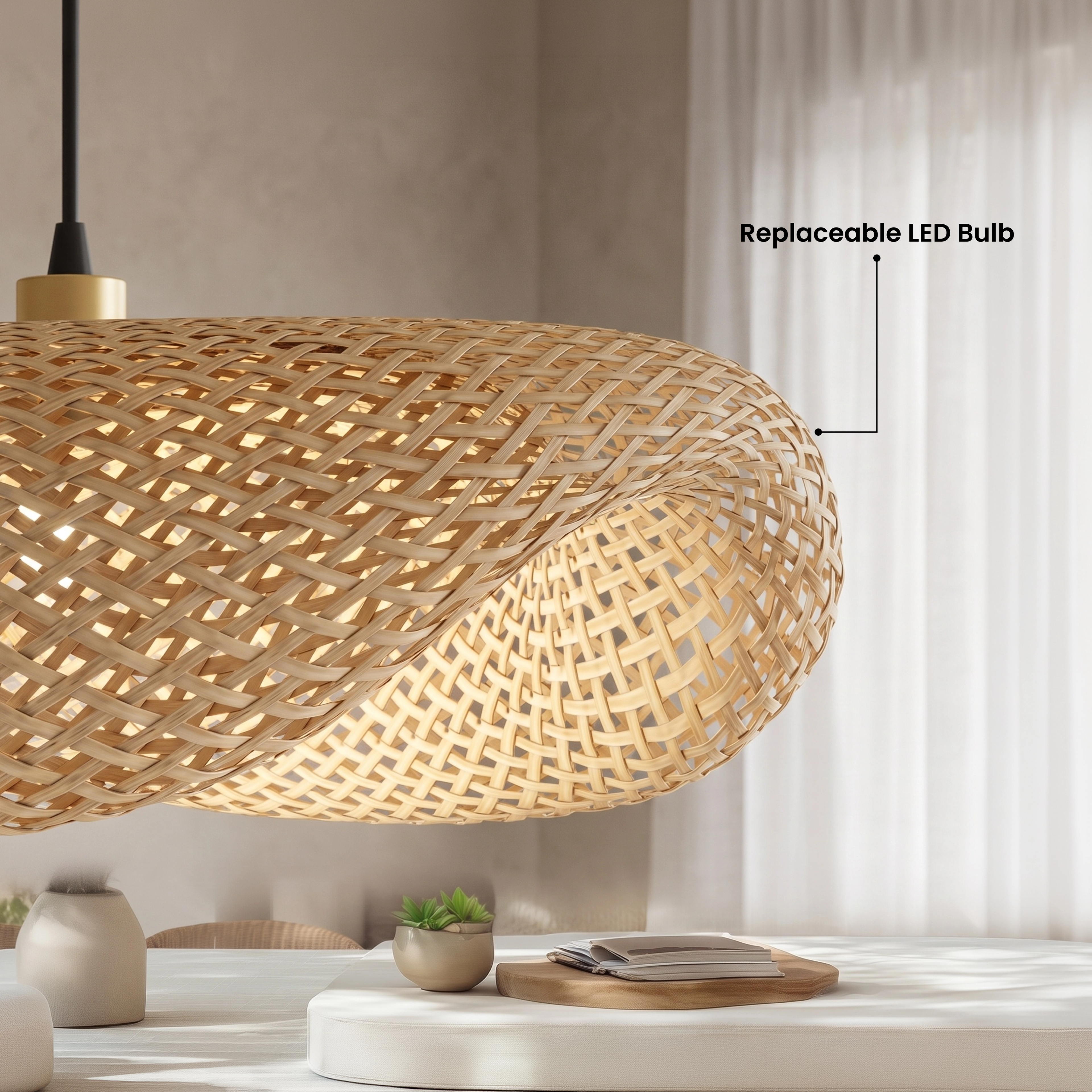 Liora bamboo pendant dimensions, Small: 7in height, 18in width, 23.5in length, 59in adjustable drop