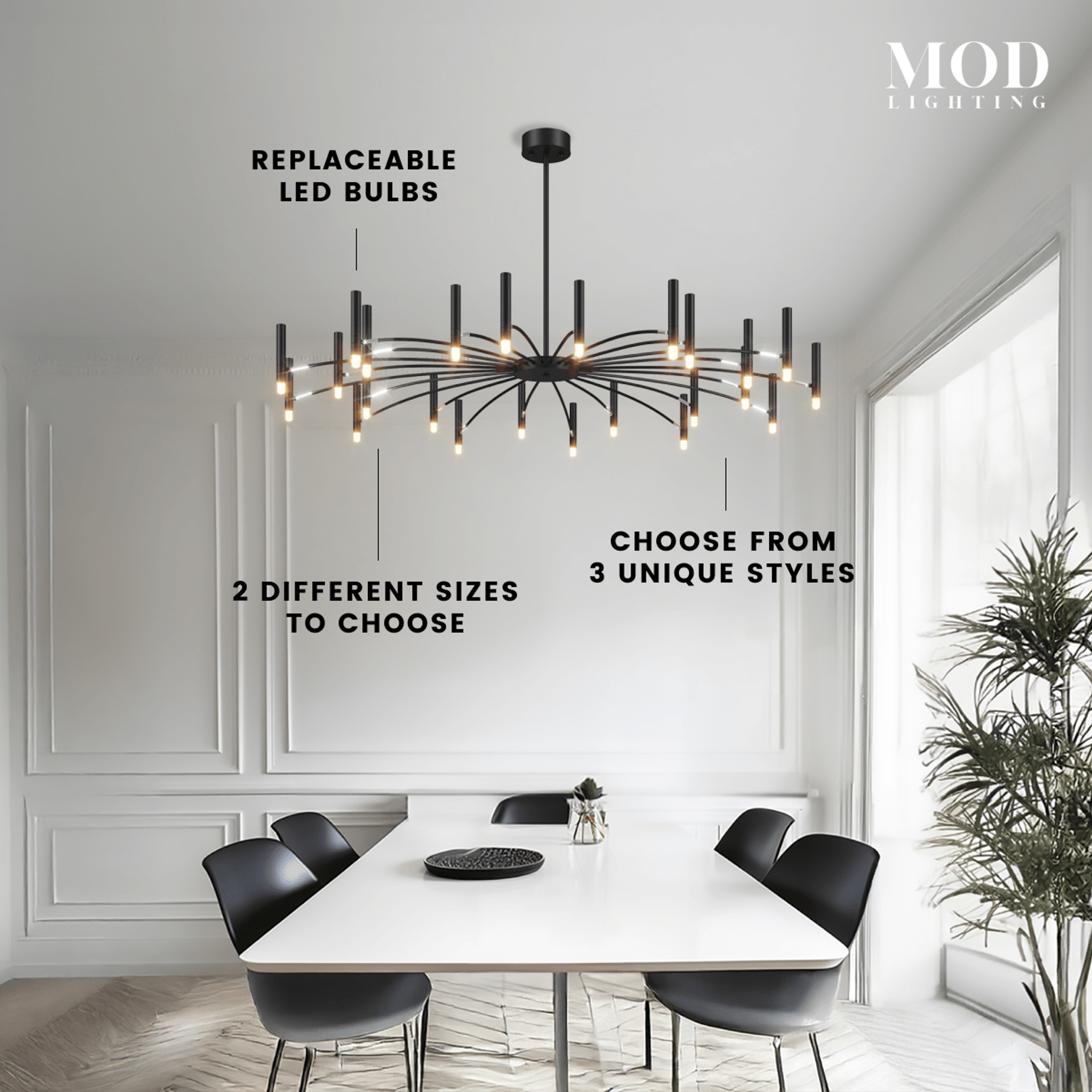 Kendall candle-style chandelier, round black frame with slim upright arms, above a living room