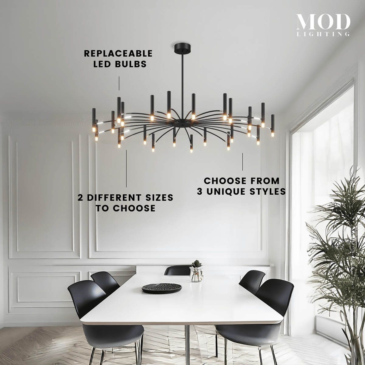 Kendall candle-style chandelier, round black frame with slim upright arms, above a living room