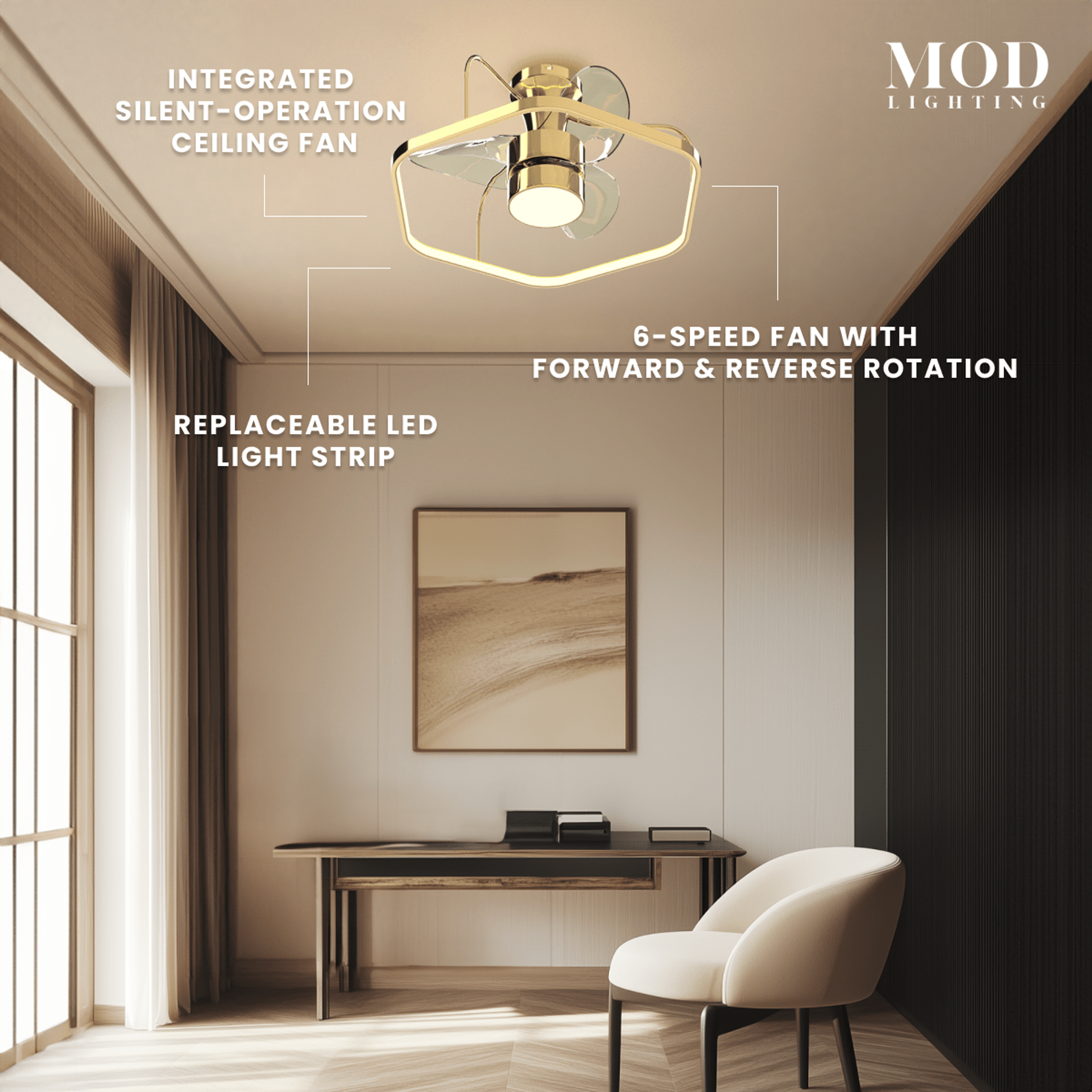 Virelle gold caged ceiling fan light above a desk, labeled silent fan, 6-speed reversible, replaceable LED