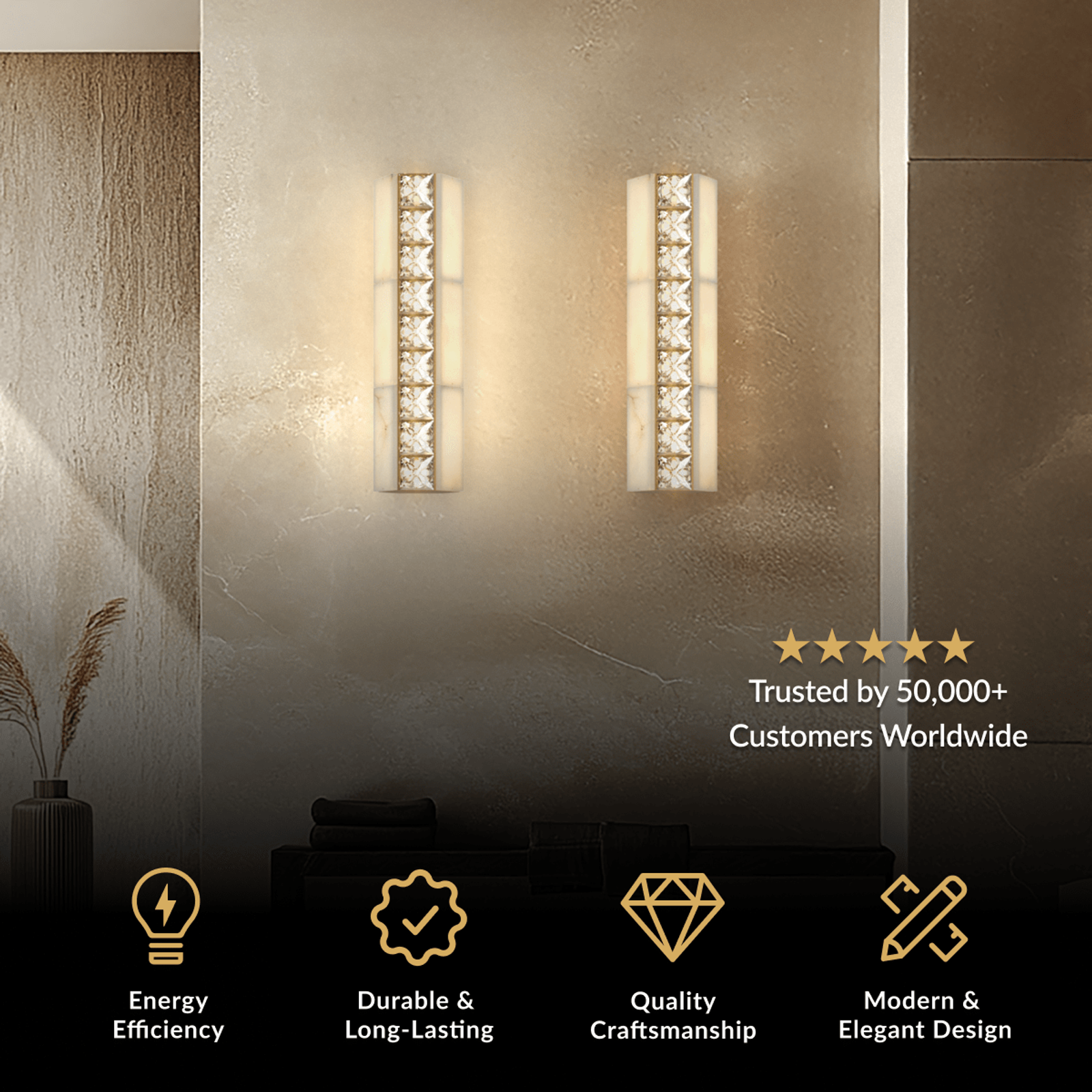 Seraphine Sconce, vertical brushed gold wall sconce with alabaster panels and crystal accents
