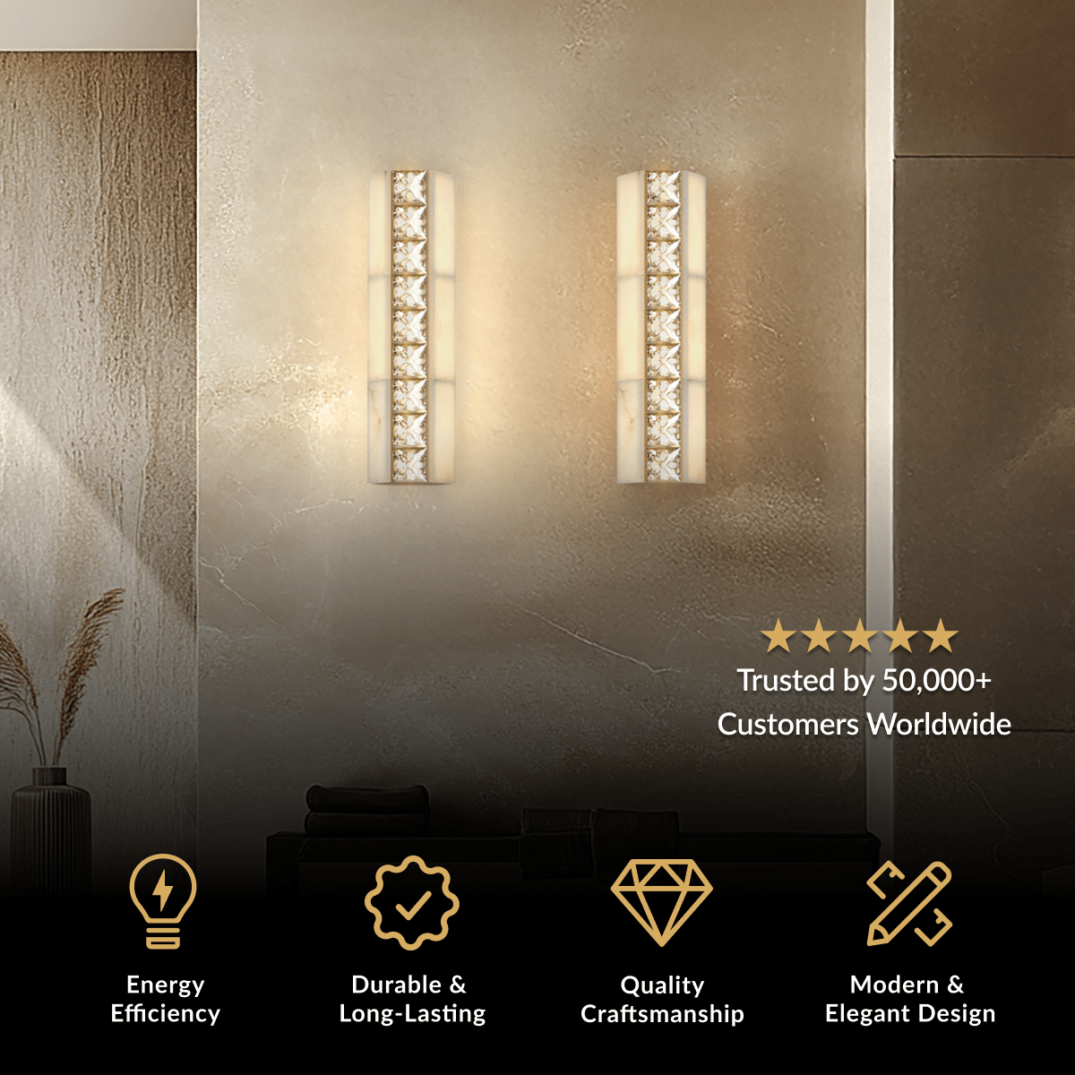 Seraphine Sconce, vertical brushed gold wall sconce with alabaster panels and crystal accents