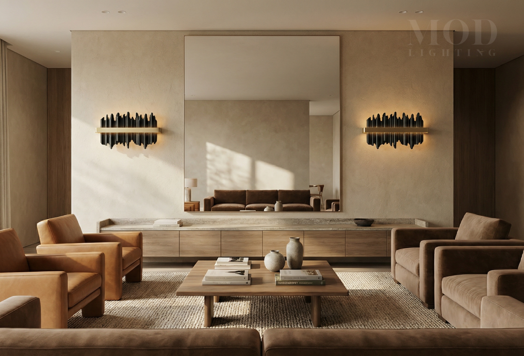 Aurelius sconces flanking a mirror in a warm-toned living room