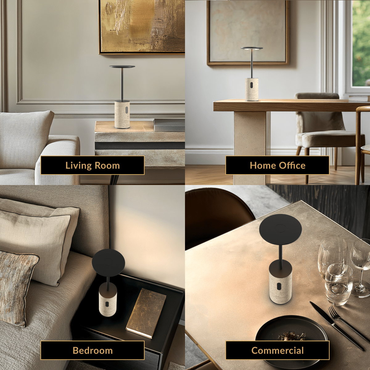 Vera travertine stone table lamp shown across four rooms: living room, home office, bedroom and commercial bar