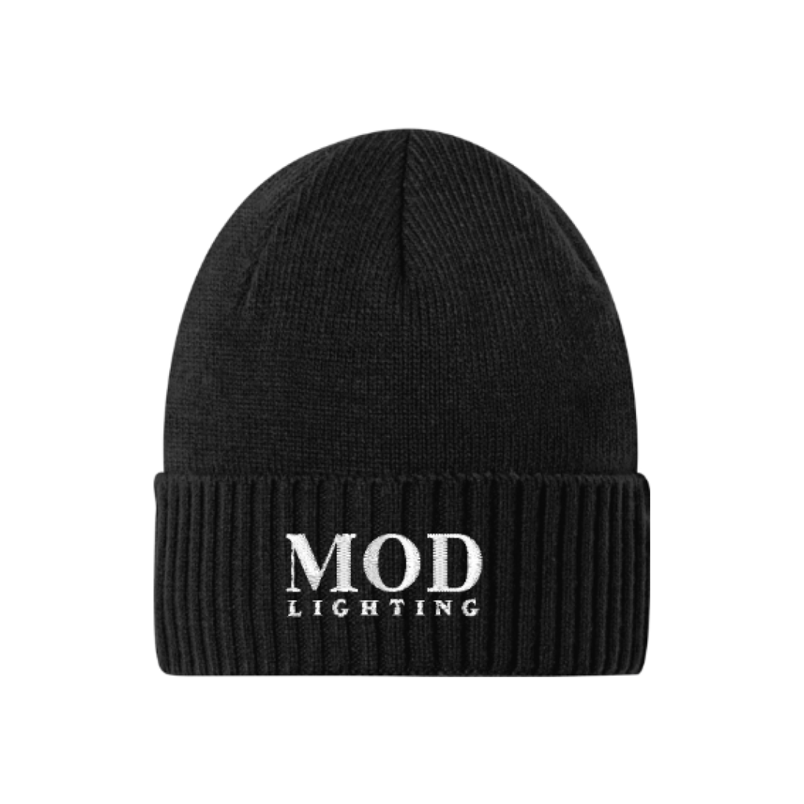 MOD LIGHTING black knit beanie with embroidered white logo on the cuff