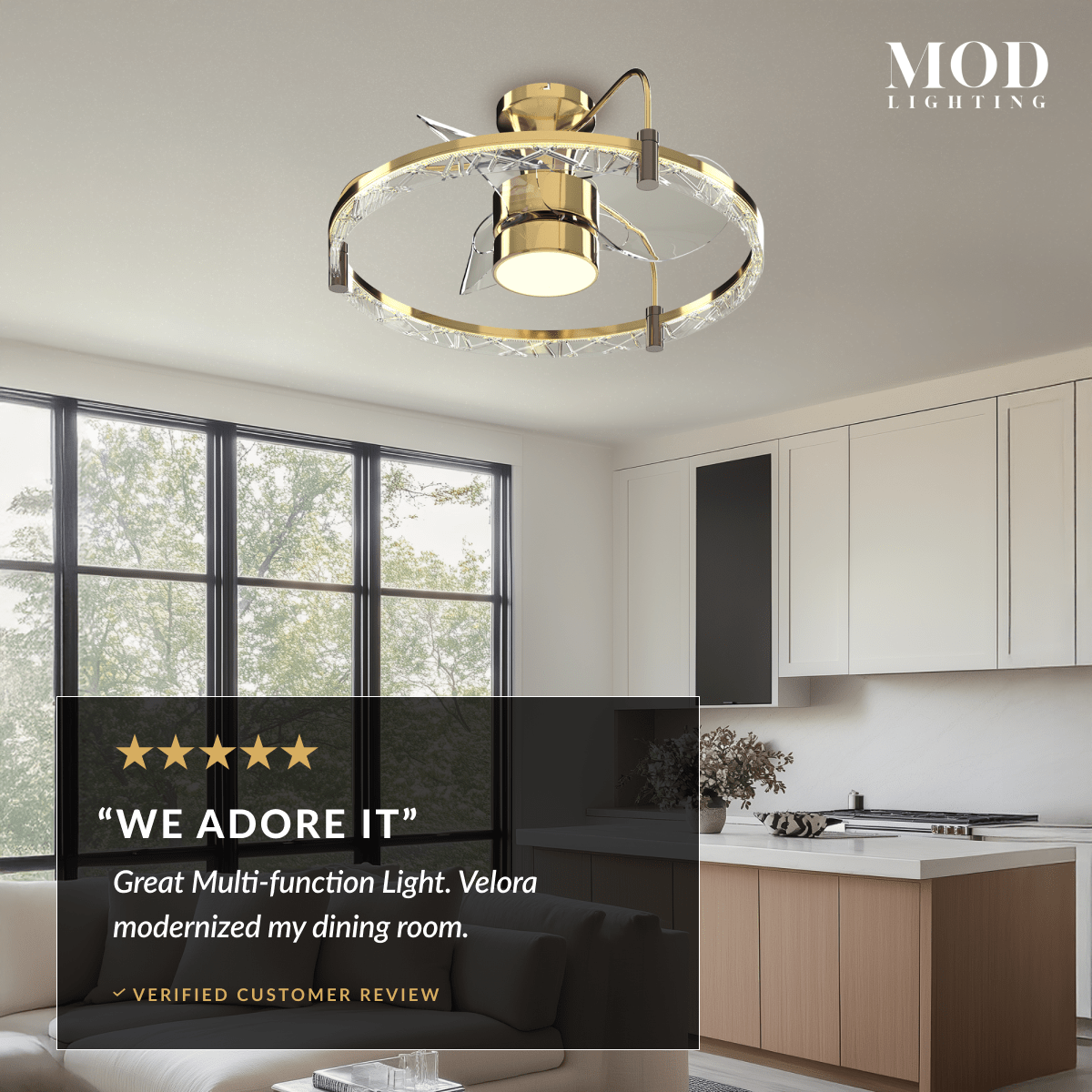 Velora gold crystal ring ceiling fan light over a kitchen, with five-star customer review