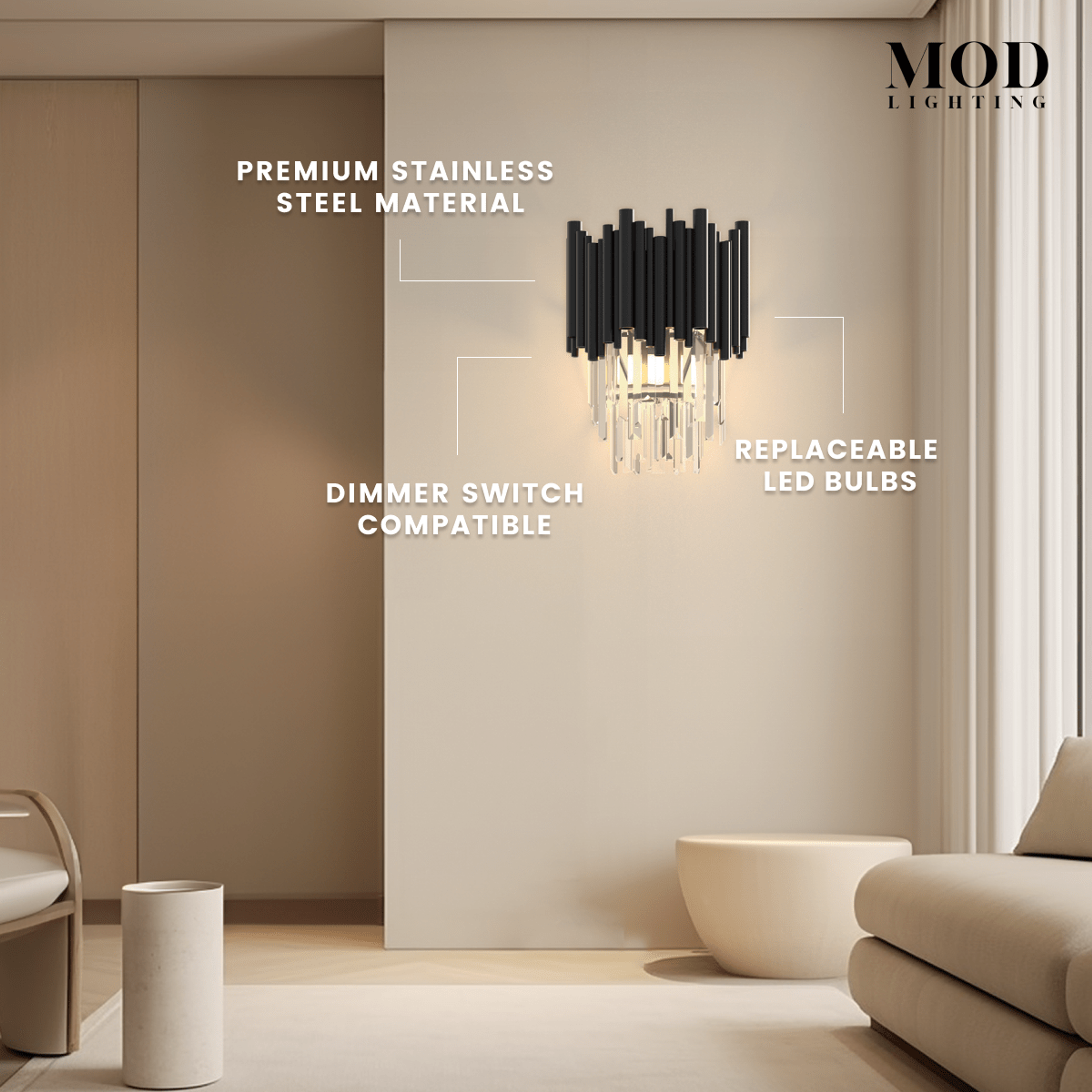 Obsidian crystal wall sconce, black steel tubes with crystal drops mounted in a hallway