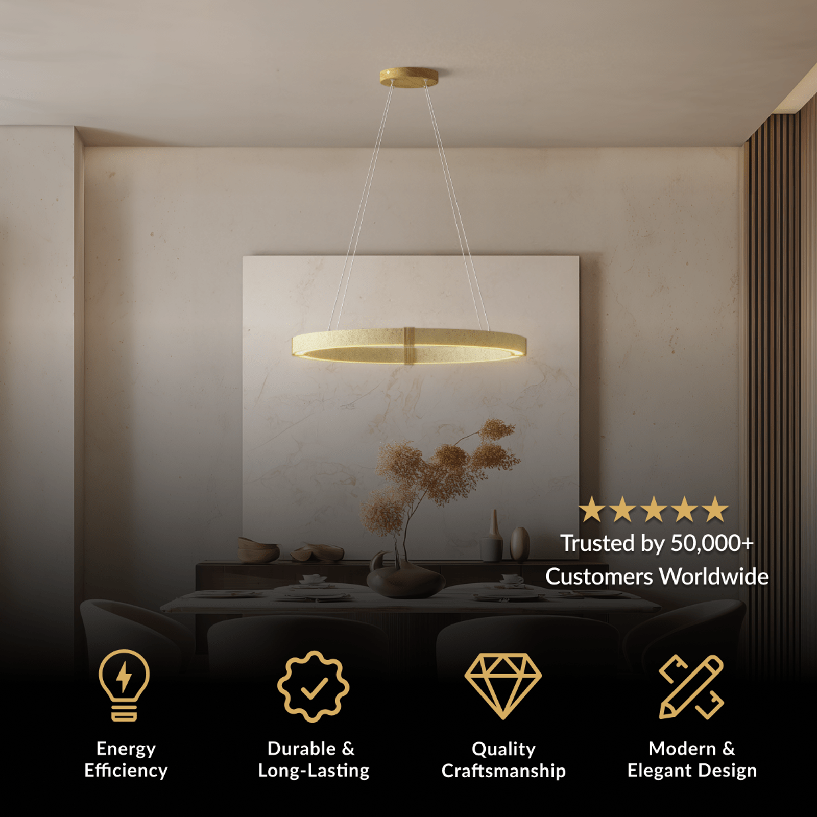 Arabella chandelier, thin illuminated brass ring pendant suspended over a dining area