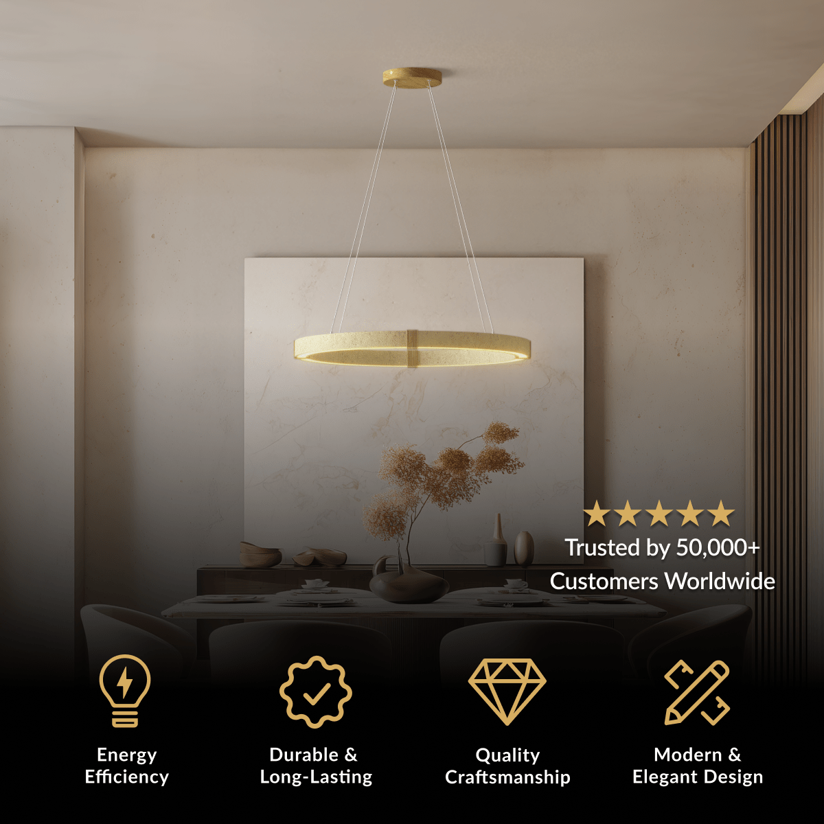 Arabella chandelier, thin illuminated brass ring pendant suspended over a dining area