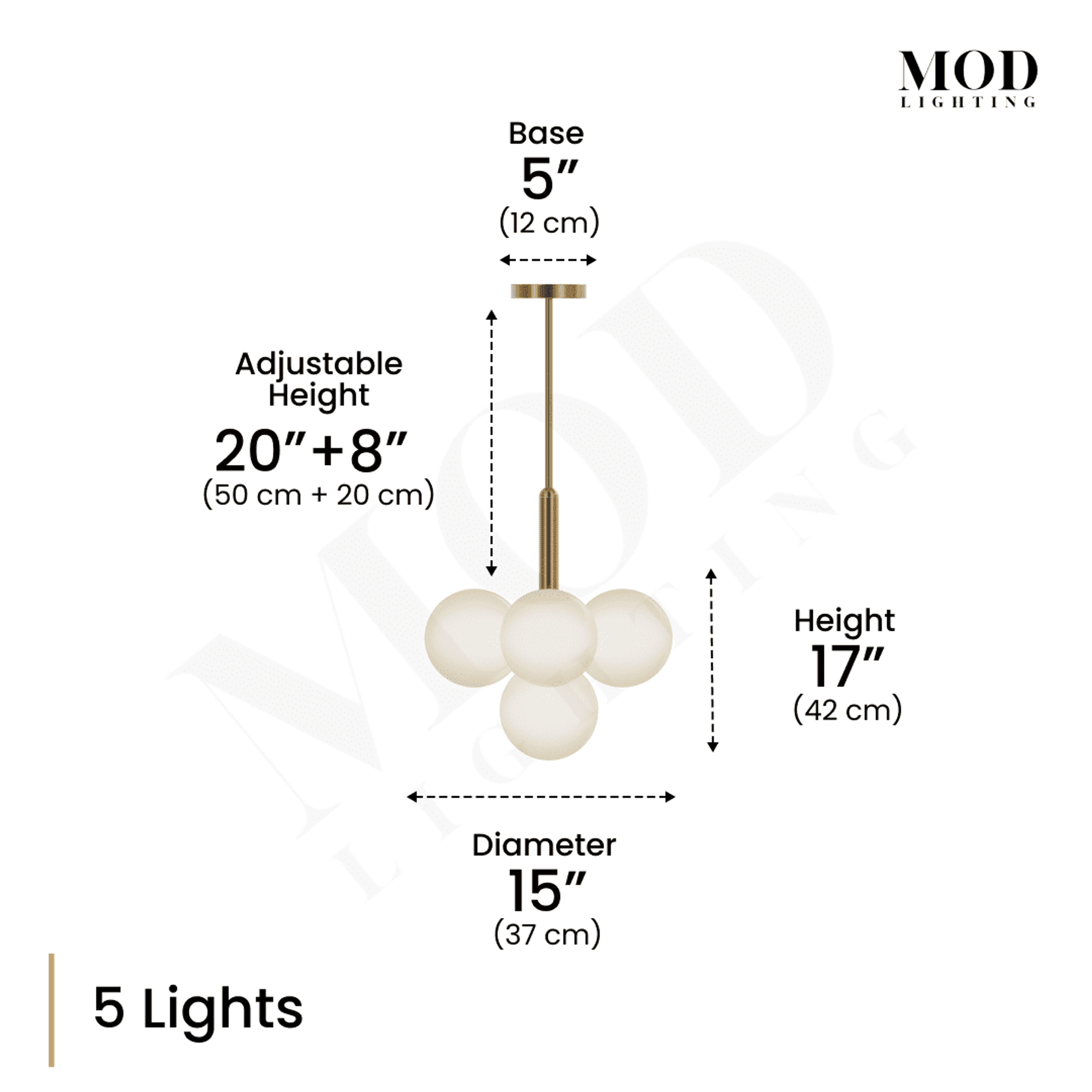 Angelica brushed-gold pendant dimension diagram, 5-globe opal-glass cluster with 15" diameter and adjustable drop