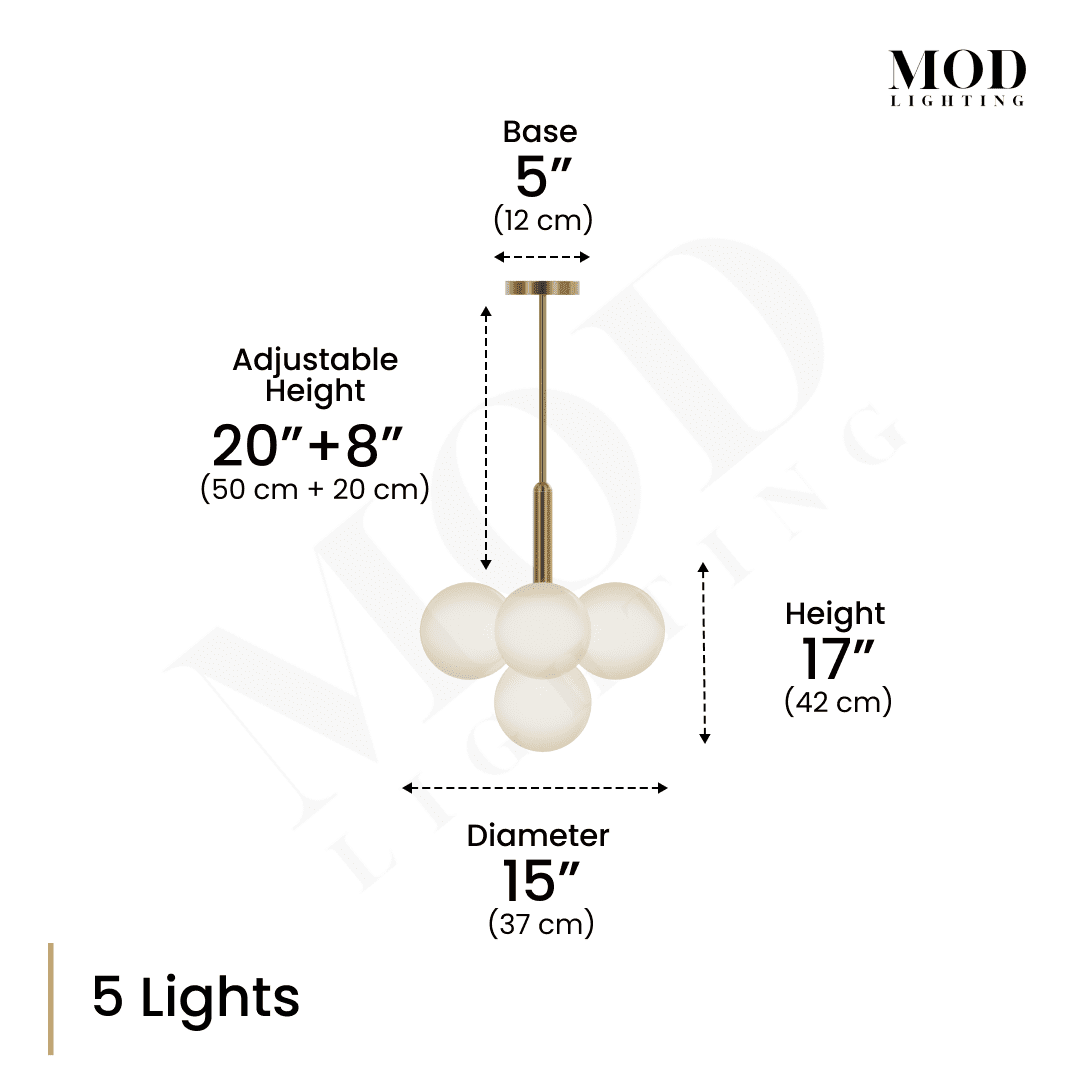 Angelica brushed-gold pendant dimension diagram, 5-globe opal-glass cluster with 15" diameter and adjustable drop