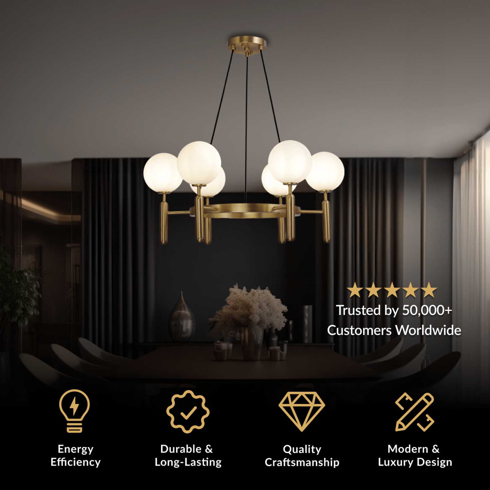 Angelica gold ring chandelier with white glass globe shades over a dining table