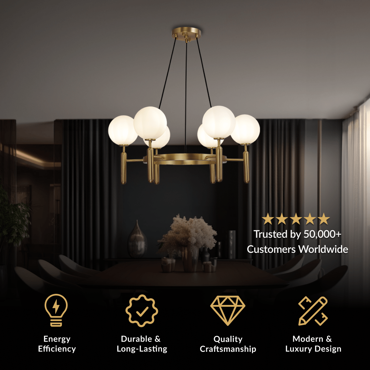 Angelica gold ring chandelier with white glass globe shades over a dining table