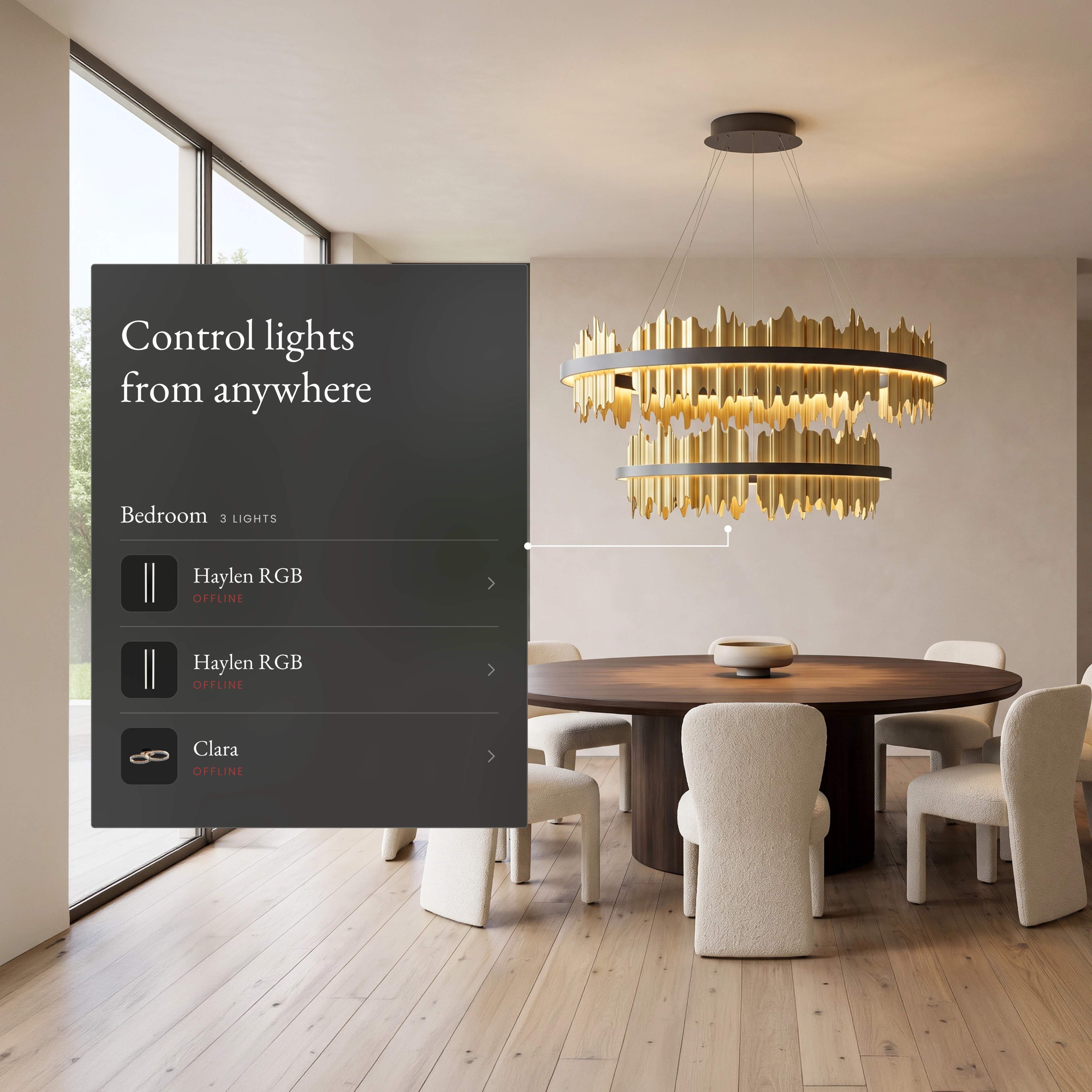 Aurelius Smart chandelier in a dining room with the app room list for control from anywhere