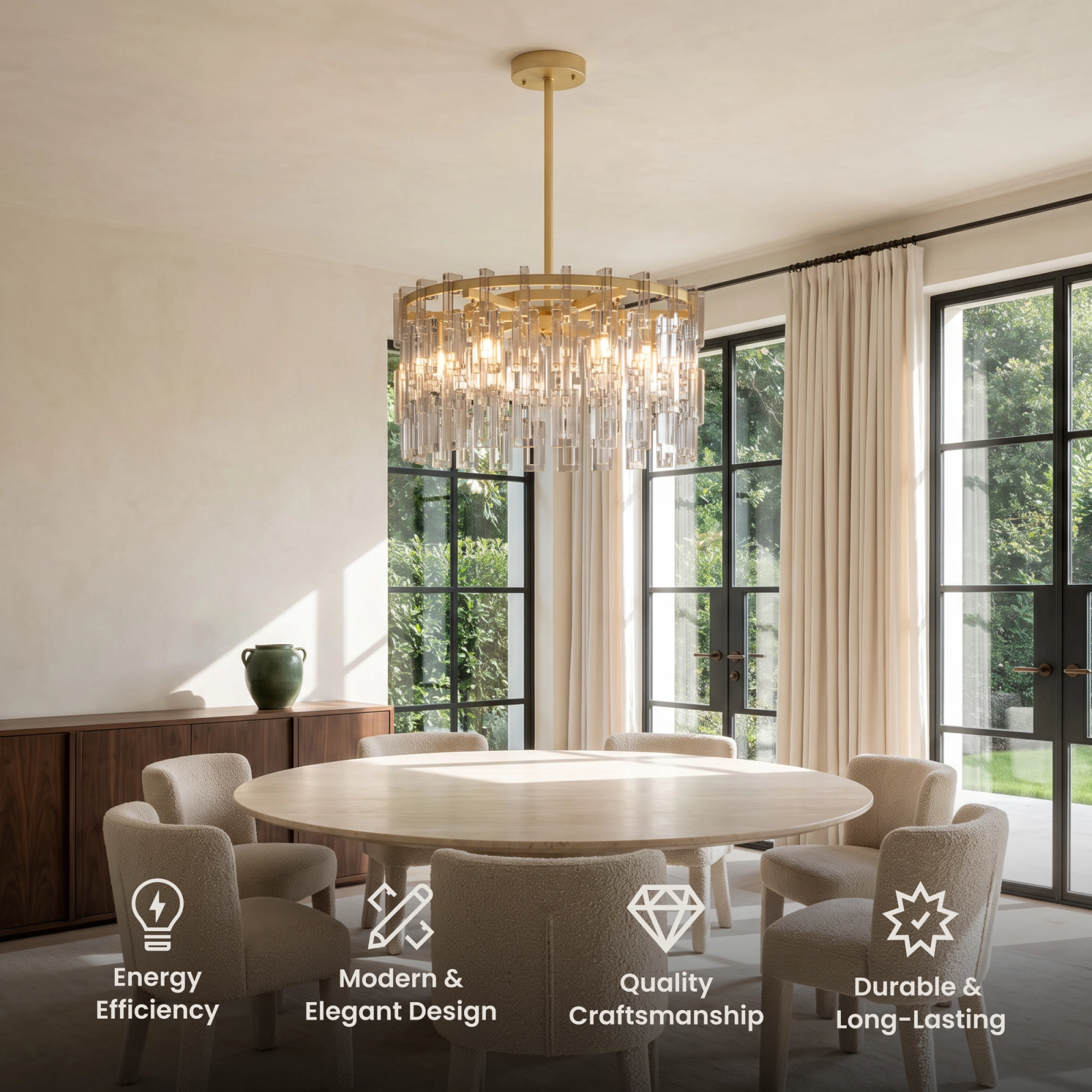 Radiance crystal chandelier, brushed gold oval frame with vertical crystal rods, above a sofa