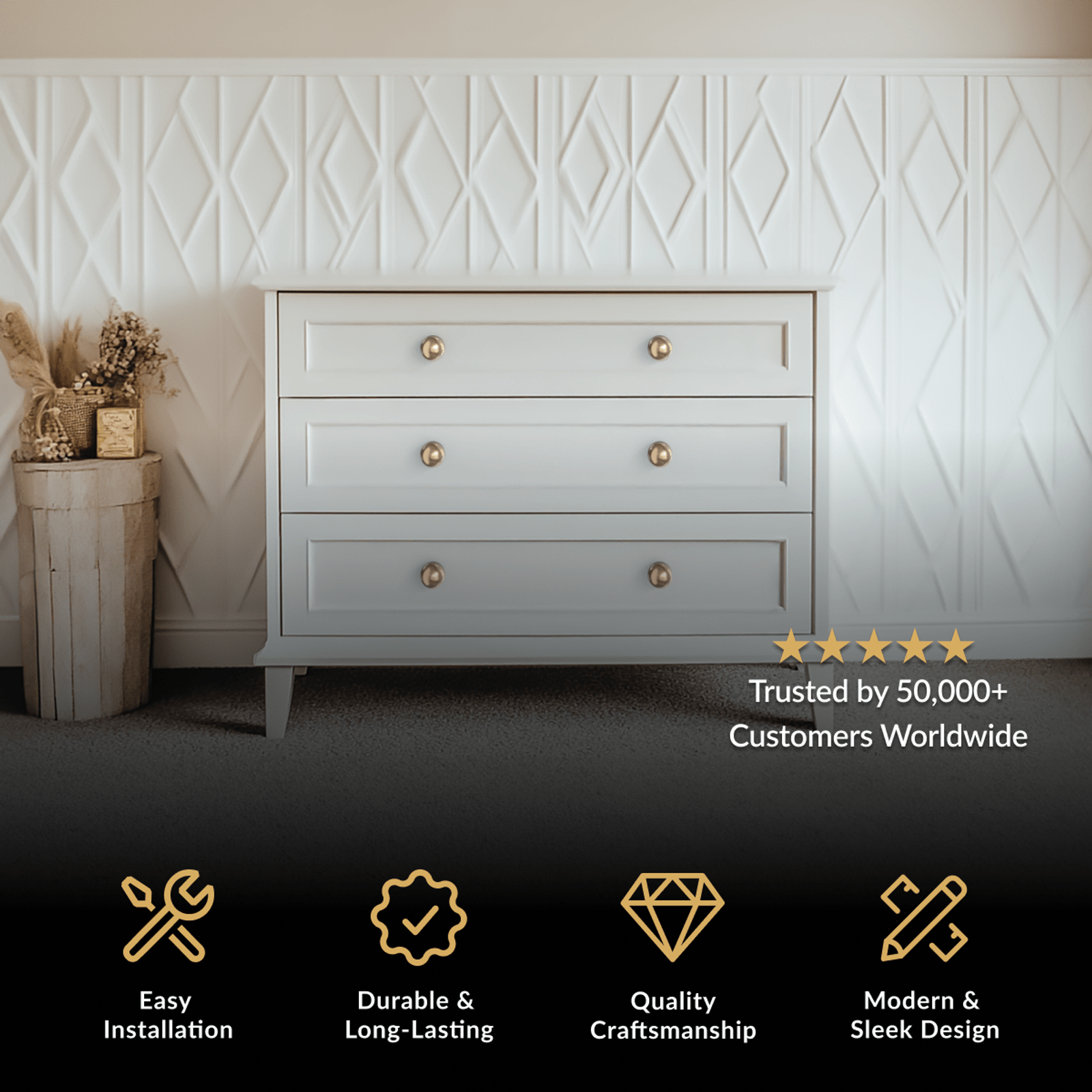 Rochelle Cabinet Knob, round brushed gold knobs on a white dresser with diamond-pattern wall