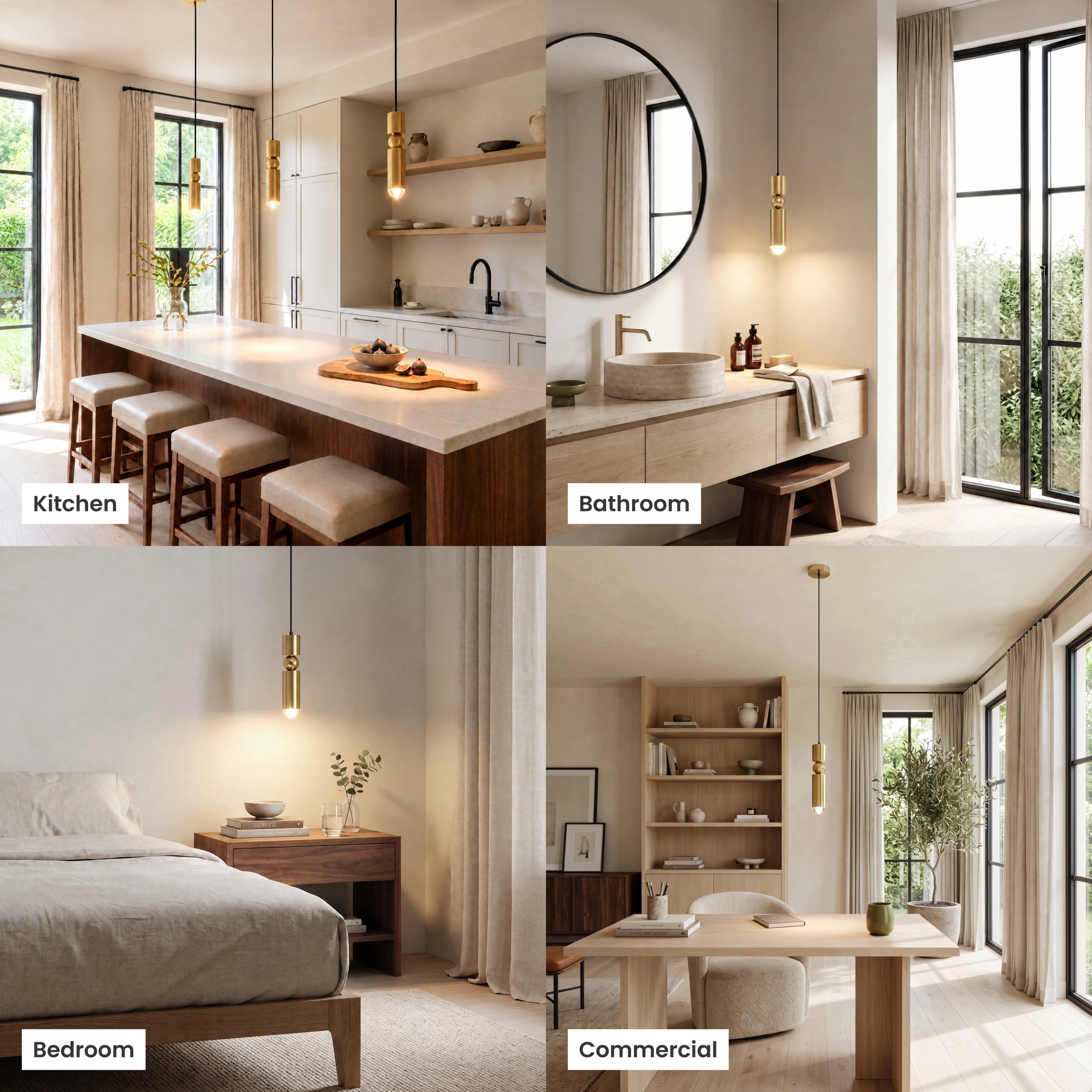 Jetta gold cylindrical pendants shown in kitchen, bedroom, dining room and commercial settings