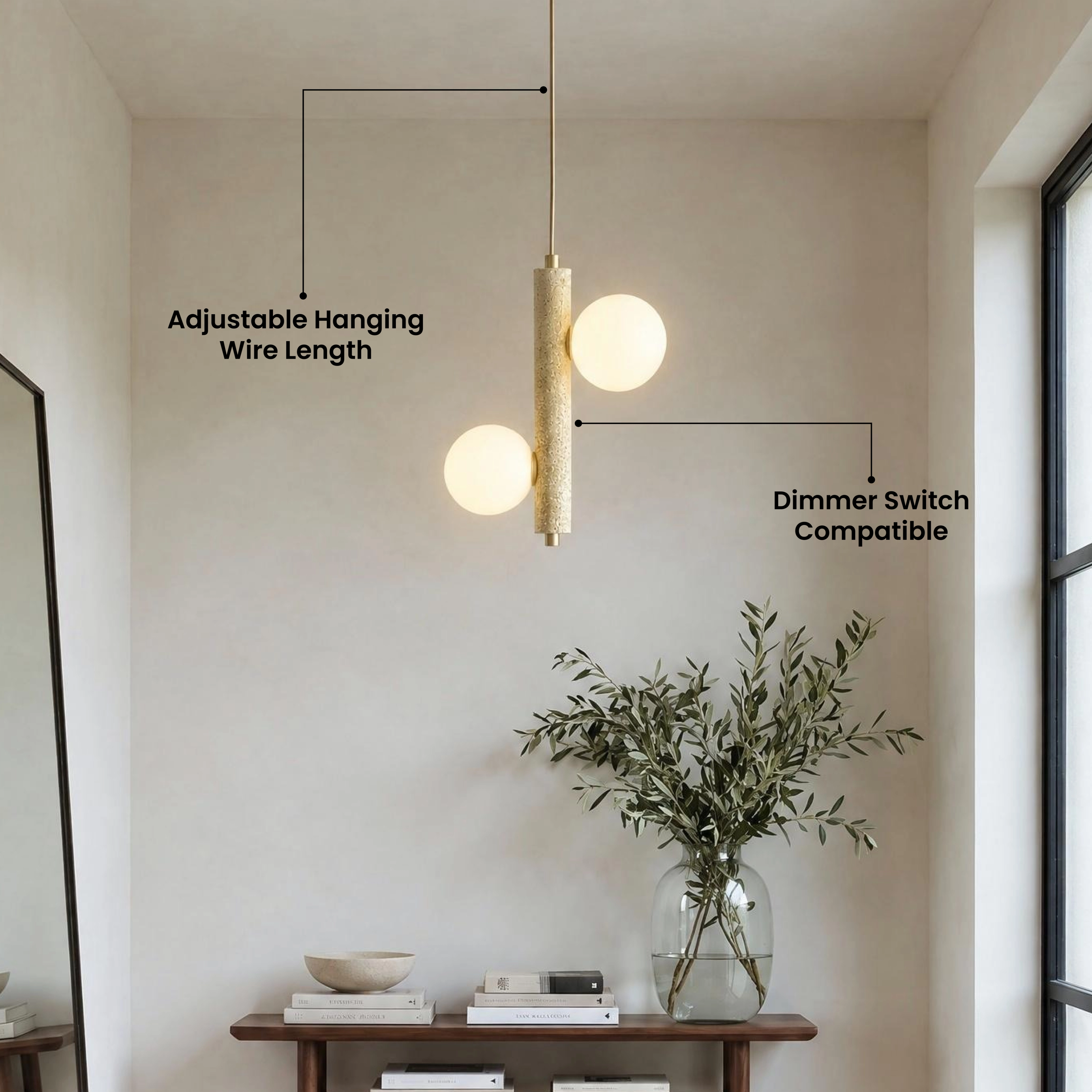 Arabella Pendant travertine stone light, brass rod with opal-glass orbs, with a five-star "Dining space upgrade!" review