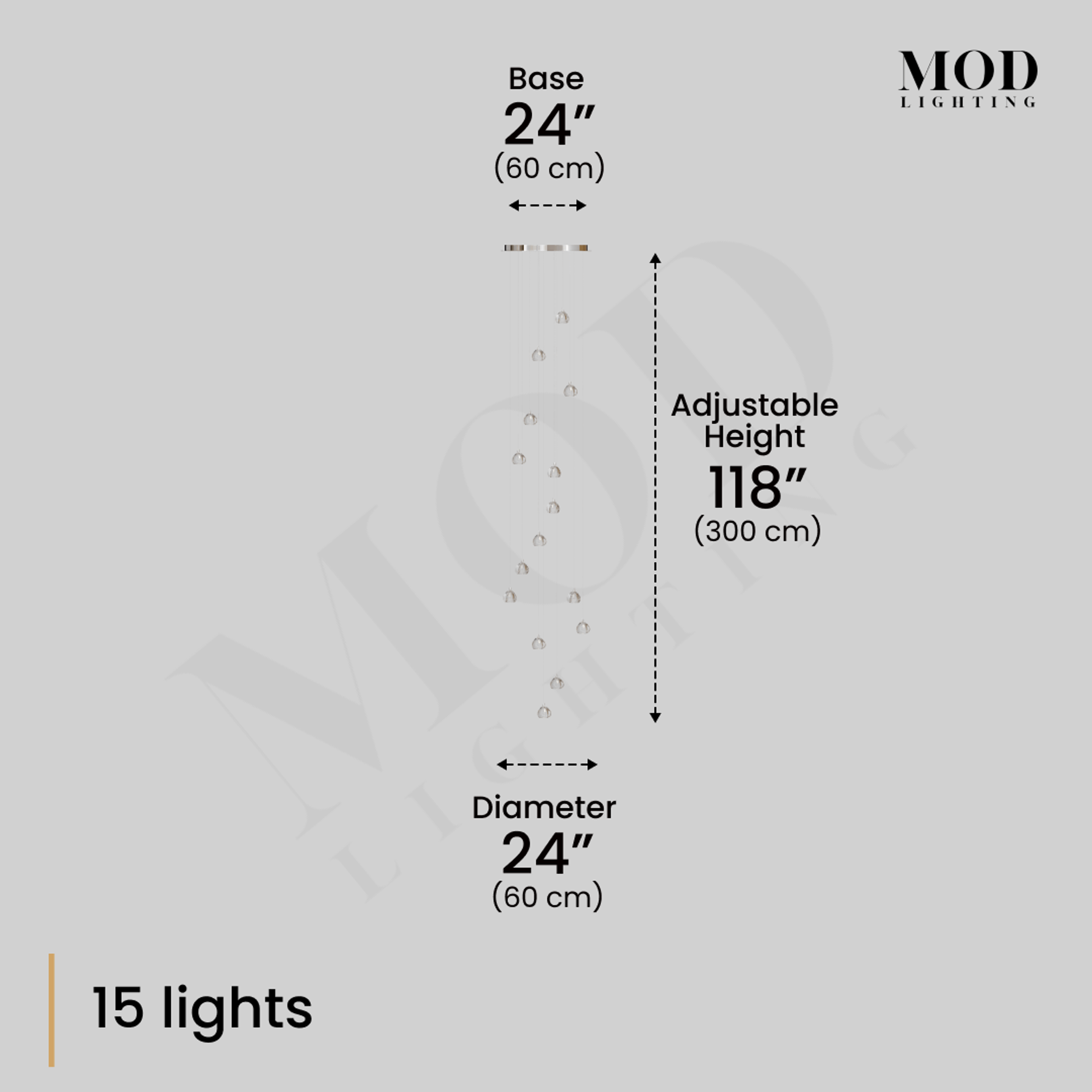Sage 15-light crystal chandelier dimension diagram: 24" base, 24" diameter, 118" adjustable height