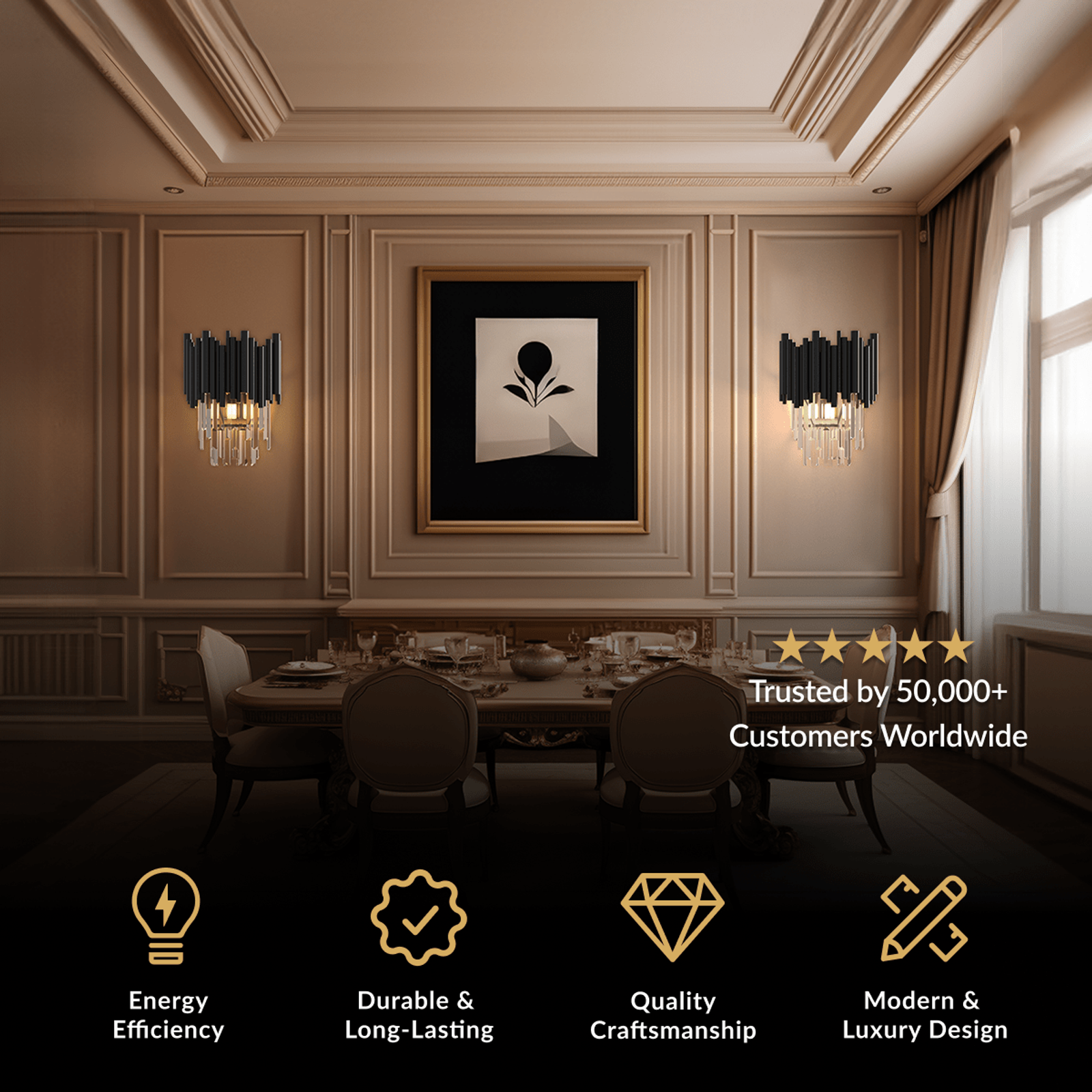 Obsidian black crystal-rod wall sconces flanking framed art above a dining table