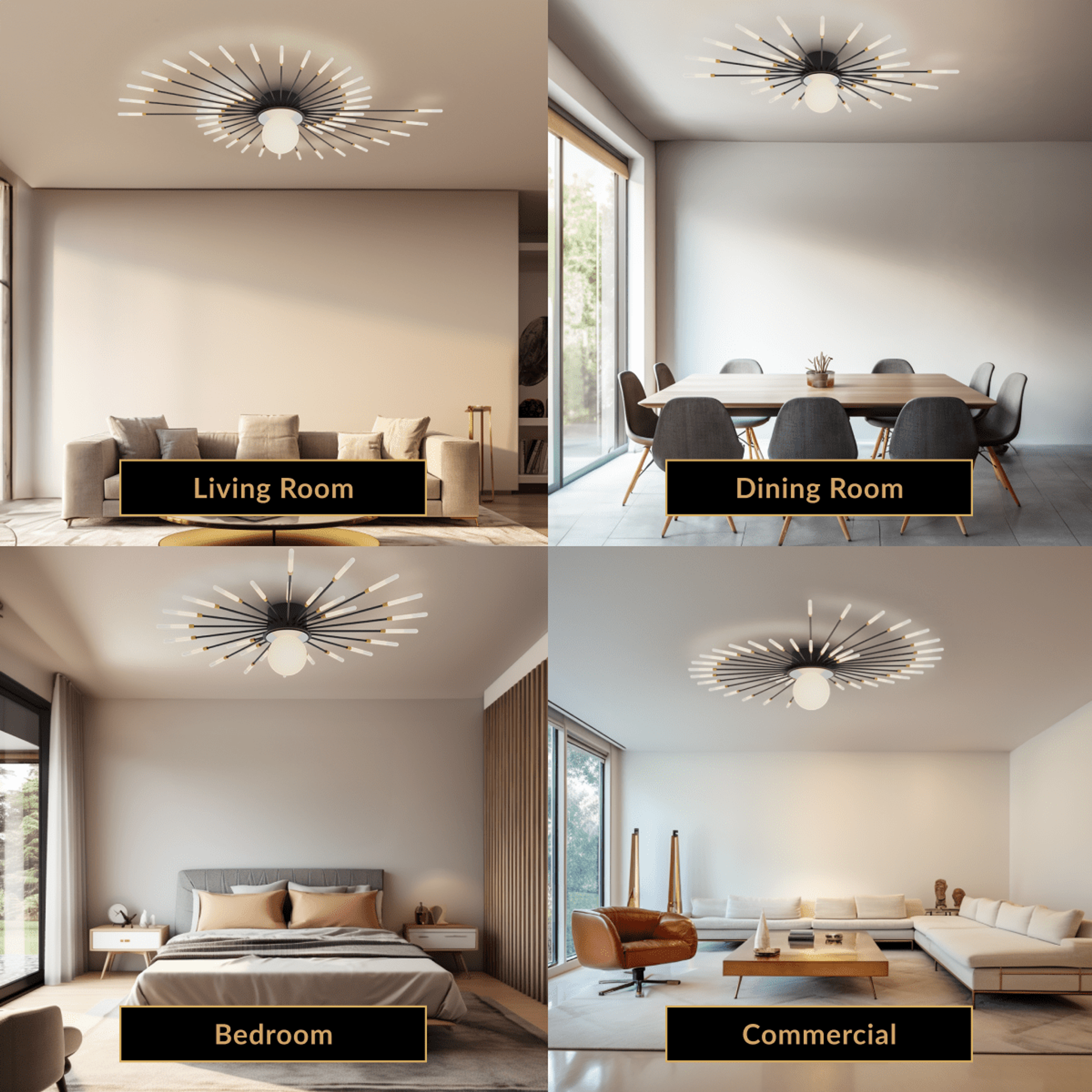 Seashell ceiling light, radiating spiral of thin white LED blades mounted flush over a living room and bed