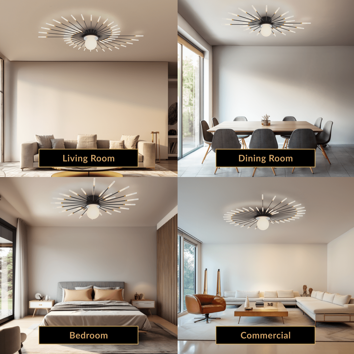 Seashell ceiling light, radiating spiral of thin white LED blades mounted flush over a living room and bed