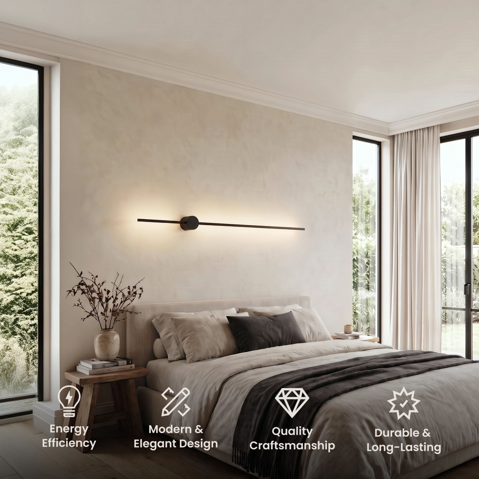 Cadel wall light, black molecule-style arms tipped with white glass globes mounted above a sofa and bed