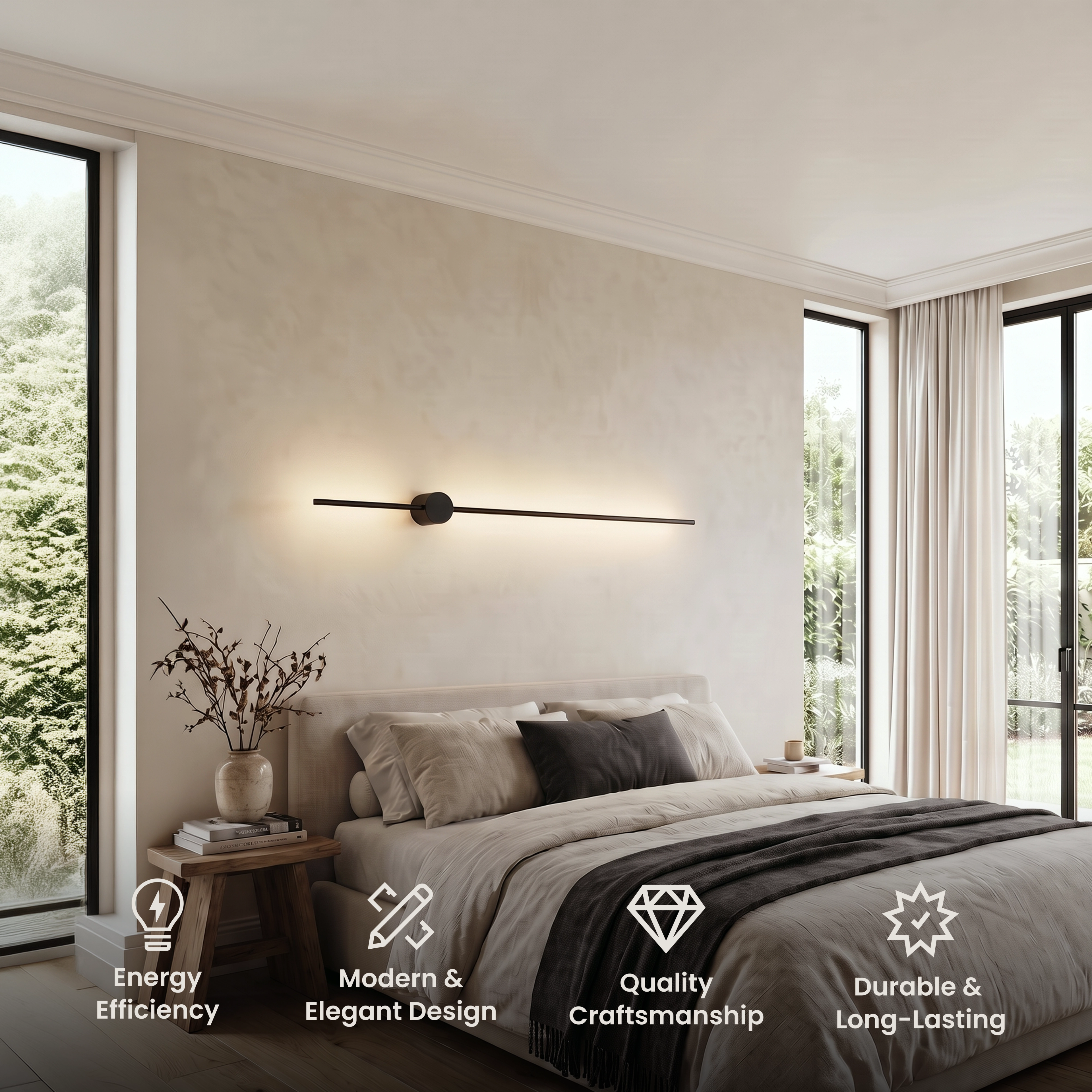 Cadel wall light, black molecule-style arms tipped with white glass globes mounted above a sofa and bed