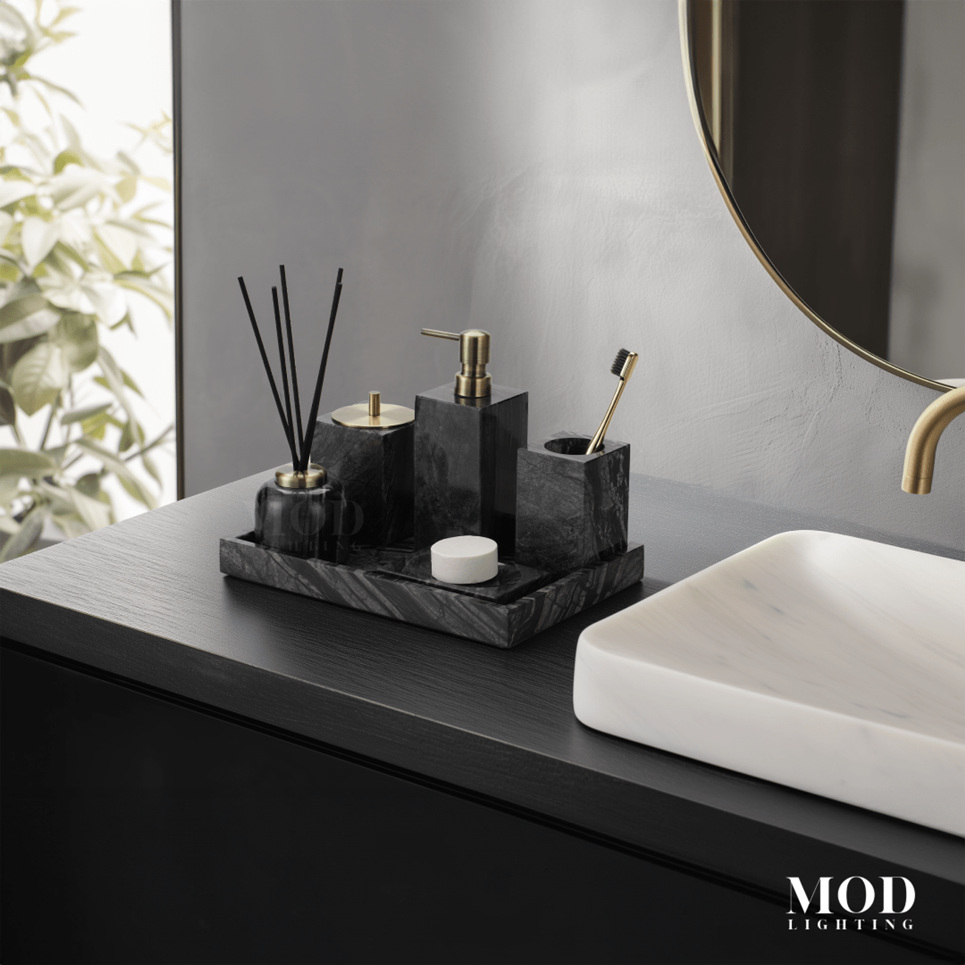 Timber Vein Marble Bath Set on a black tray: reed diffuser, soap pump and toothbrush holder on a dark vanity
