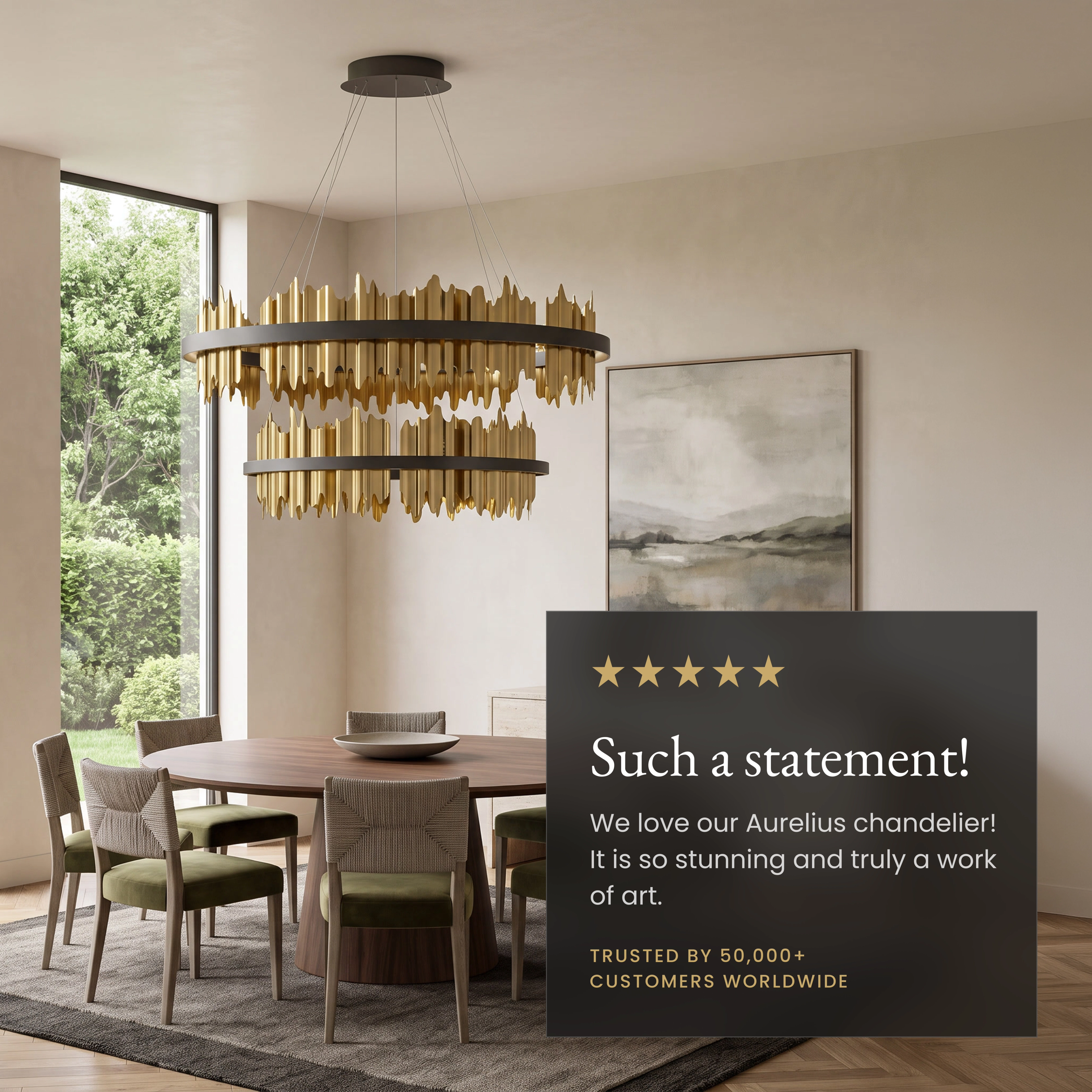 Aurelius chandelier, two-tier gold ring with icicle crystal bars over a dining table