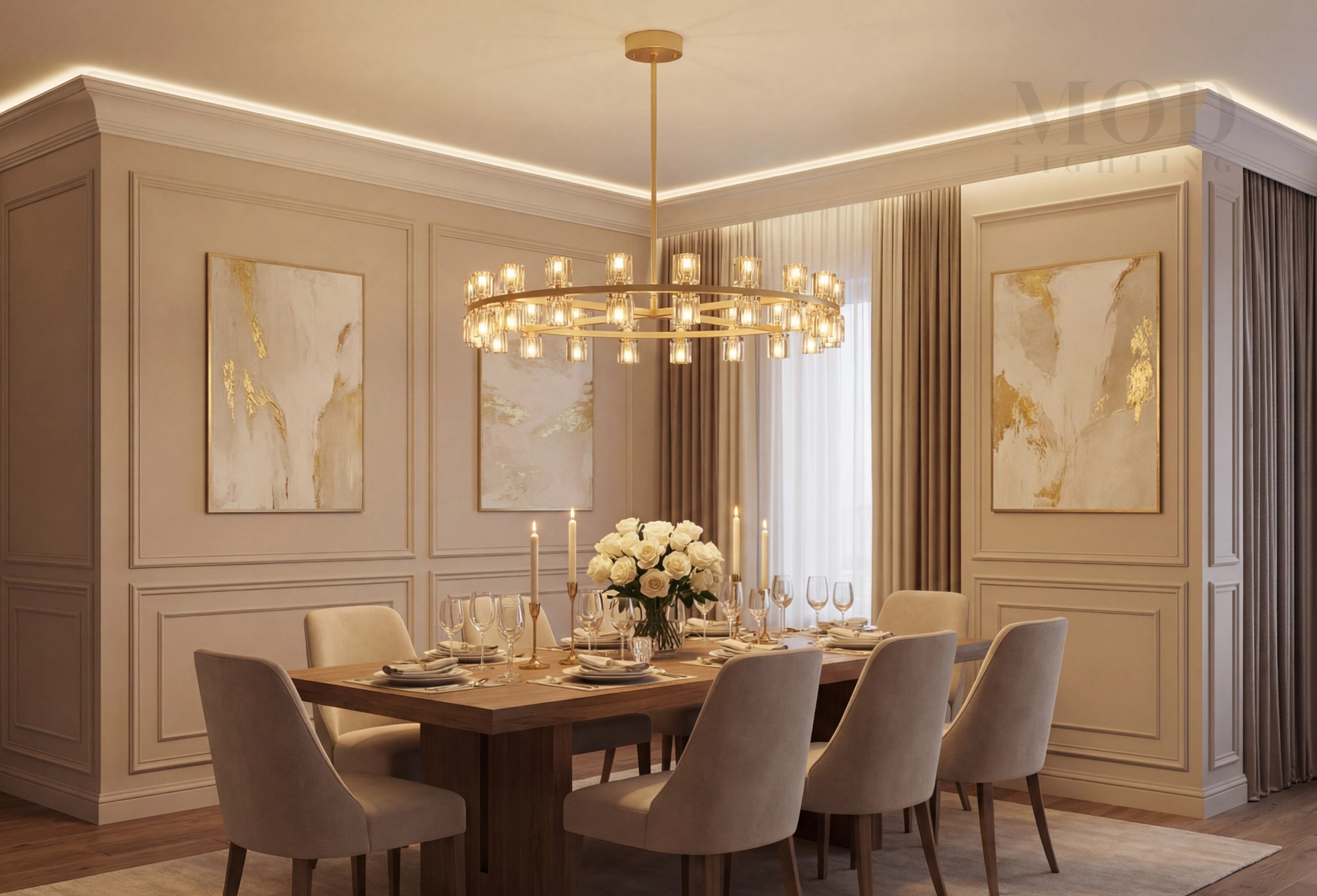 Beautifully lit dining room with a modern chandelier