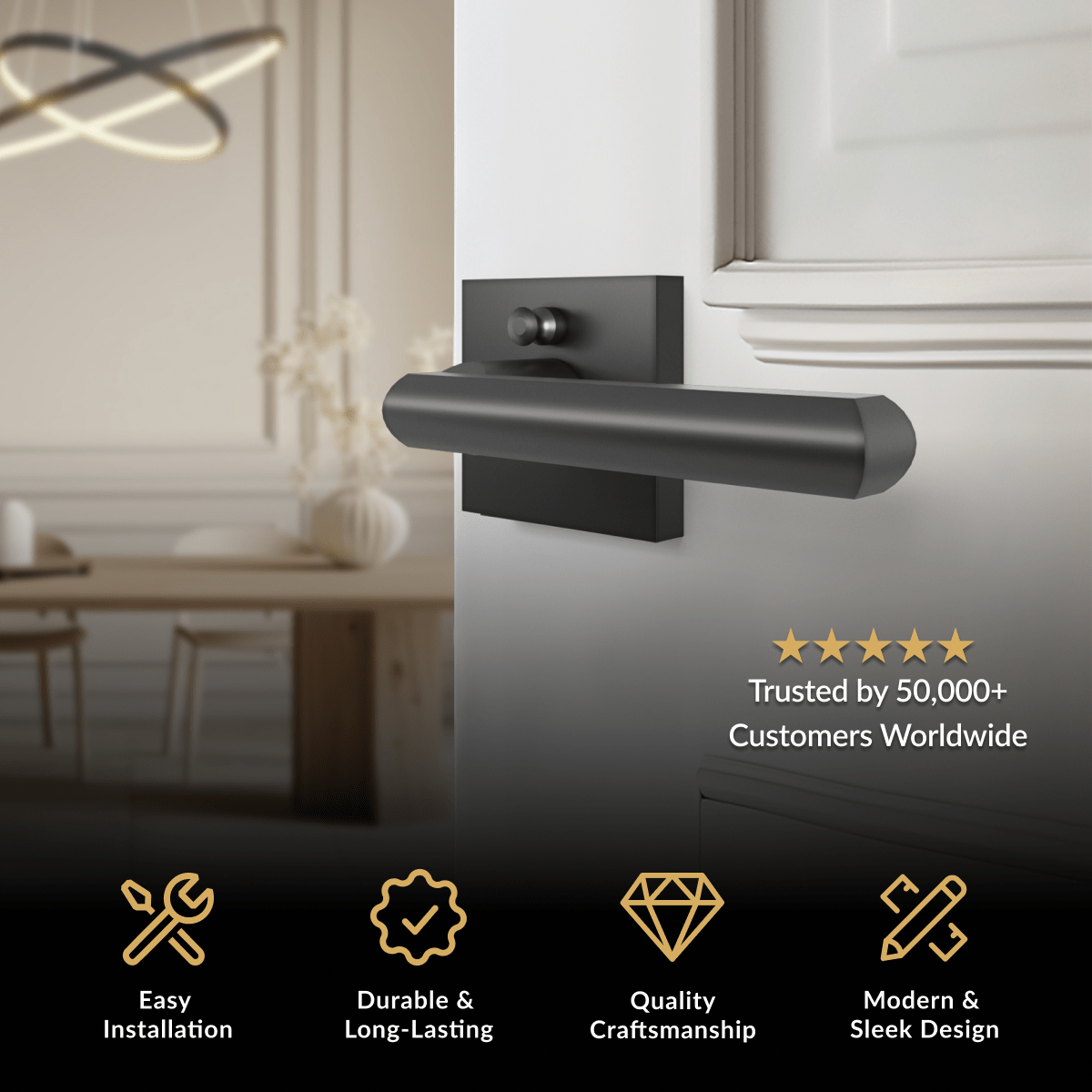 Lennox door handle in matte black, horizontal lever on a square rose on a white door