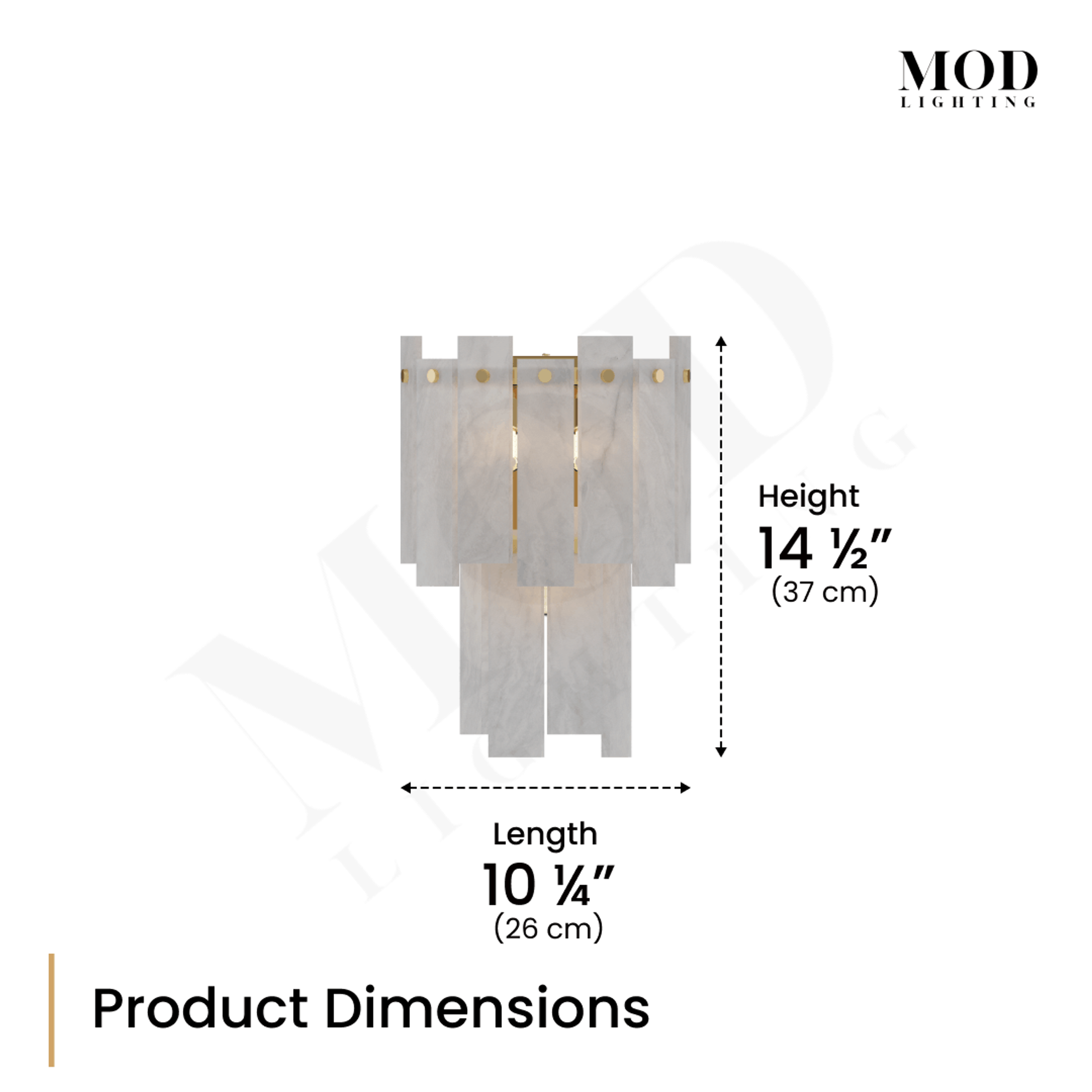Velina Sconce dimension diagram: 14 1/2in height, 10 1/4in length, tiered alabaster panel wall light