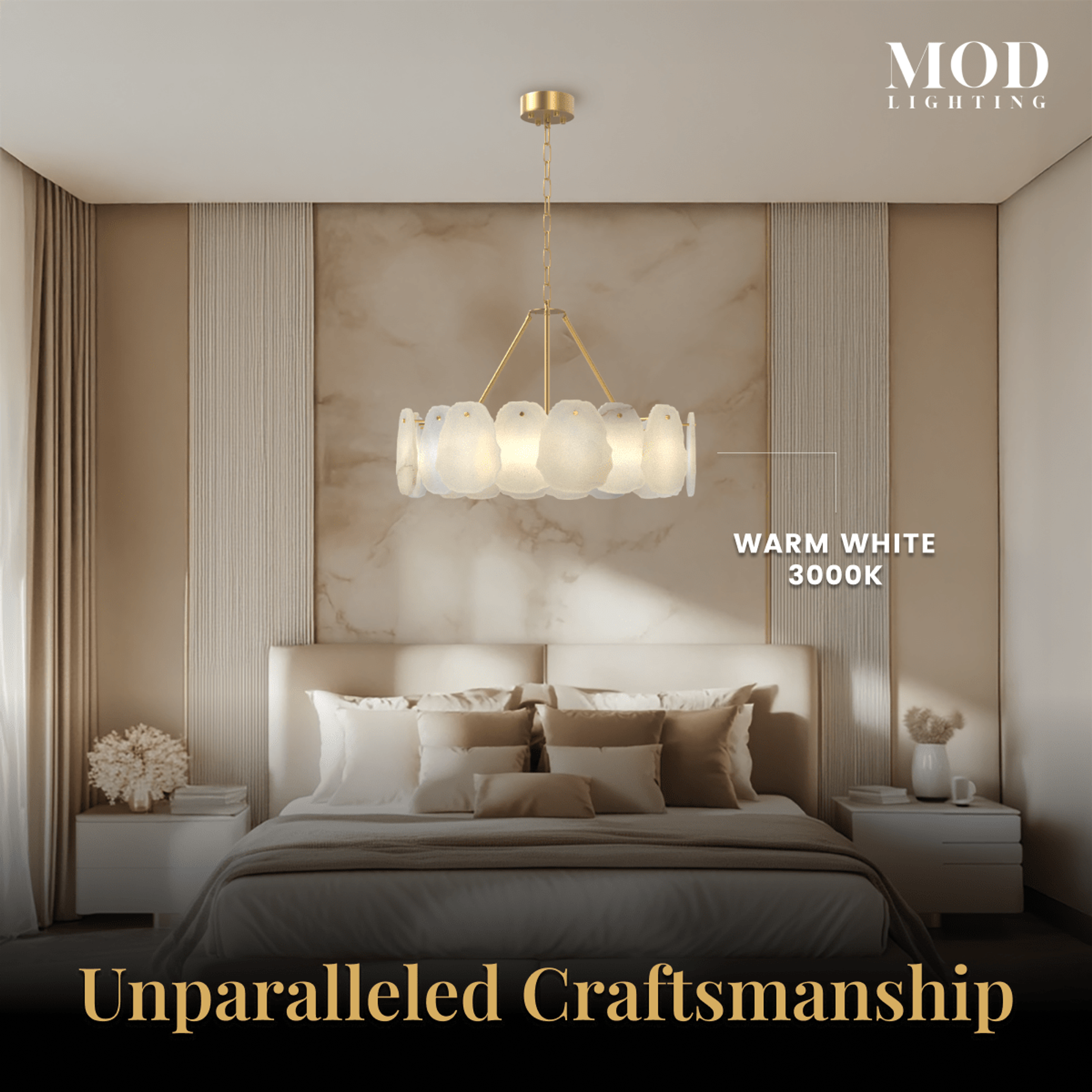 Alba gold and alabaster petal drum chandelier casting warm white light above a bed