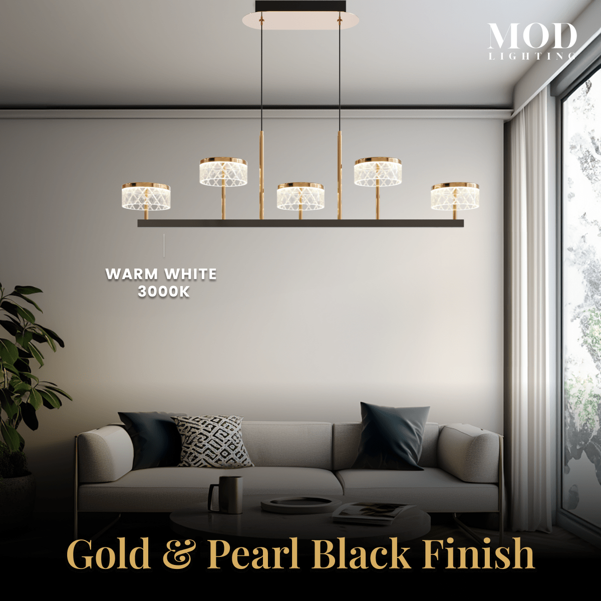 Emma linear pendant, five gold and pearl-black crystal drum shades in warm white 3000K over a living room sofa
