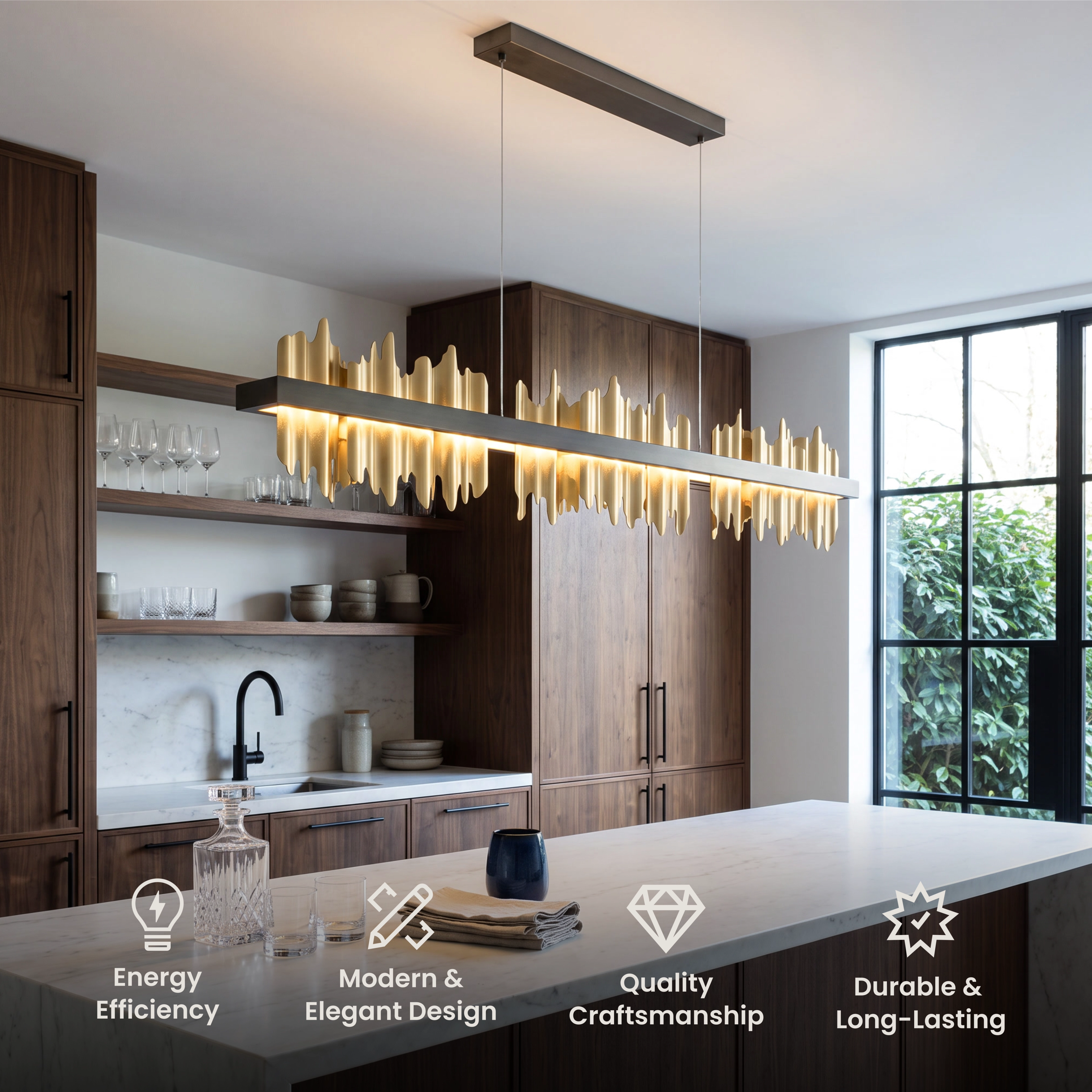 Aurelius Pendant Smart gold linear crystal bar over a kitchen island, with feature icons