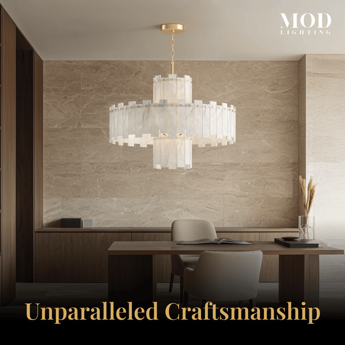 Velina gold alabaster chandelier hung over a desk in a warm-toned home office
