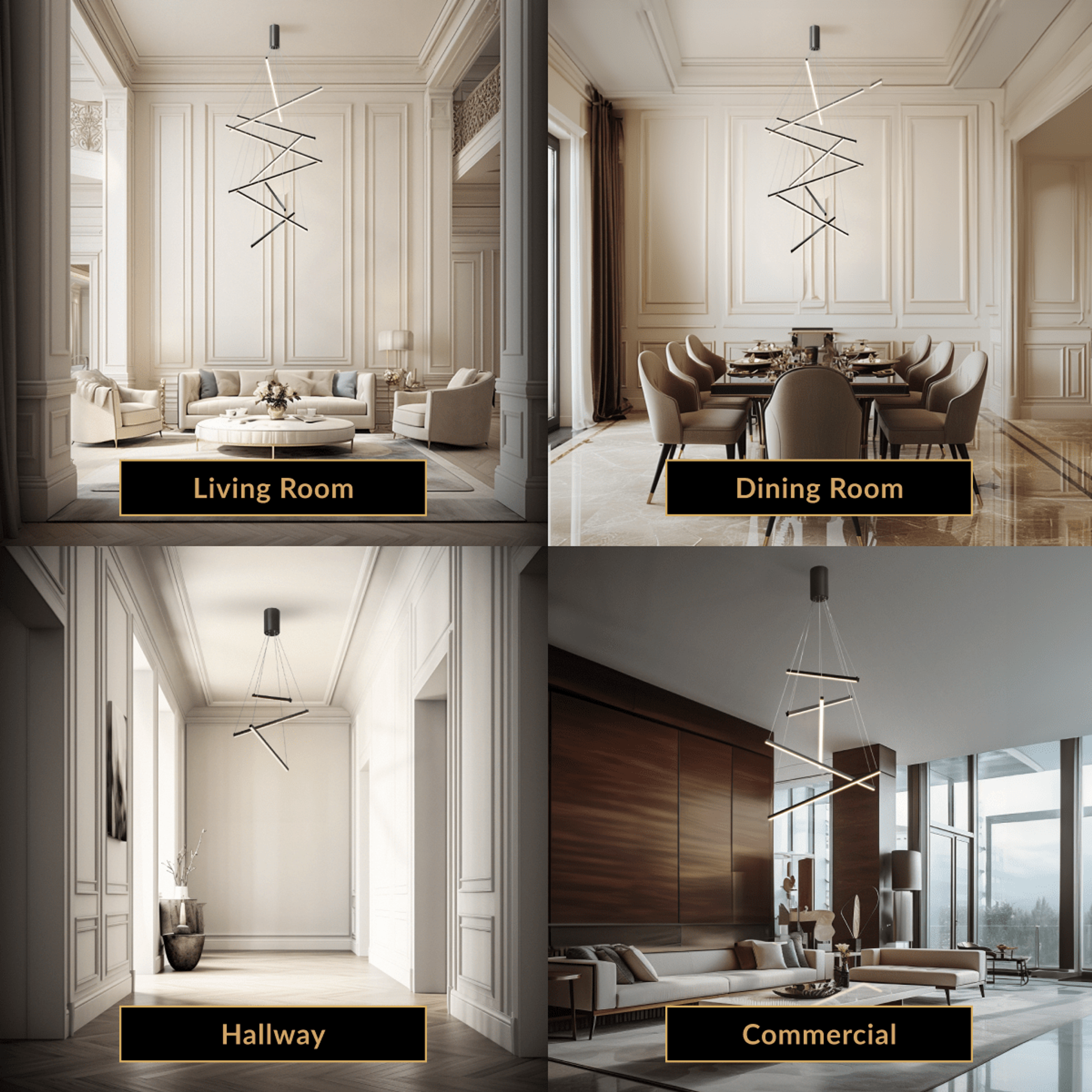 Finn four settings: black linear-bar staircase chandelier in living room, dining, hallway and commercial