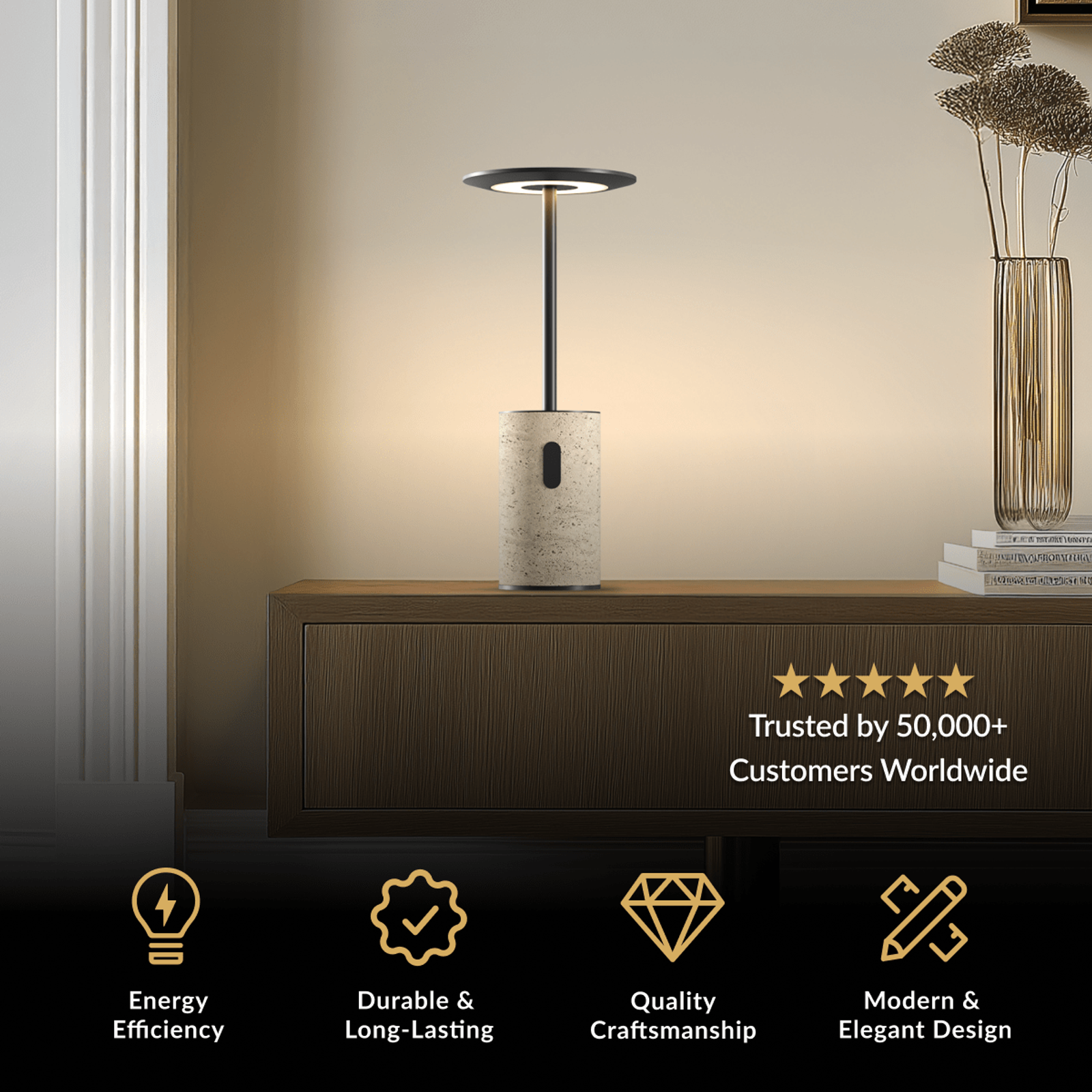 Vera rechargeable table lamp, black disc shade on a slim stem over a travertine stone base