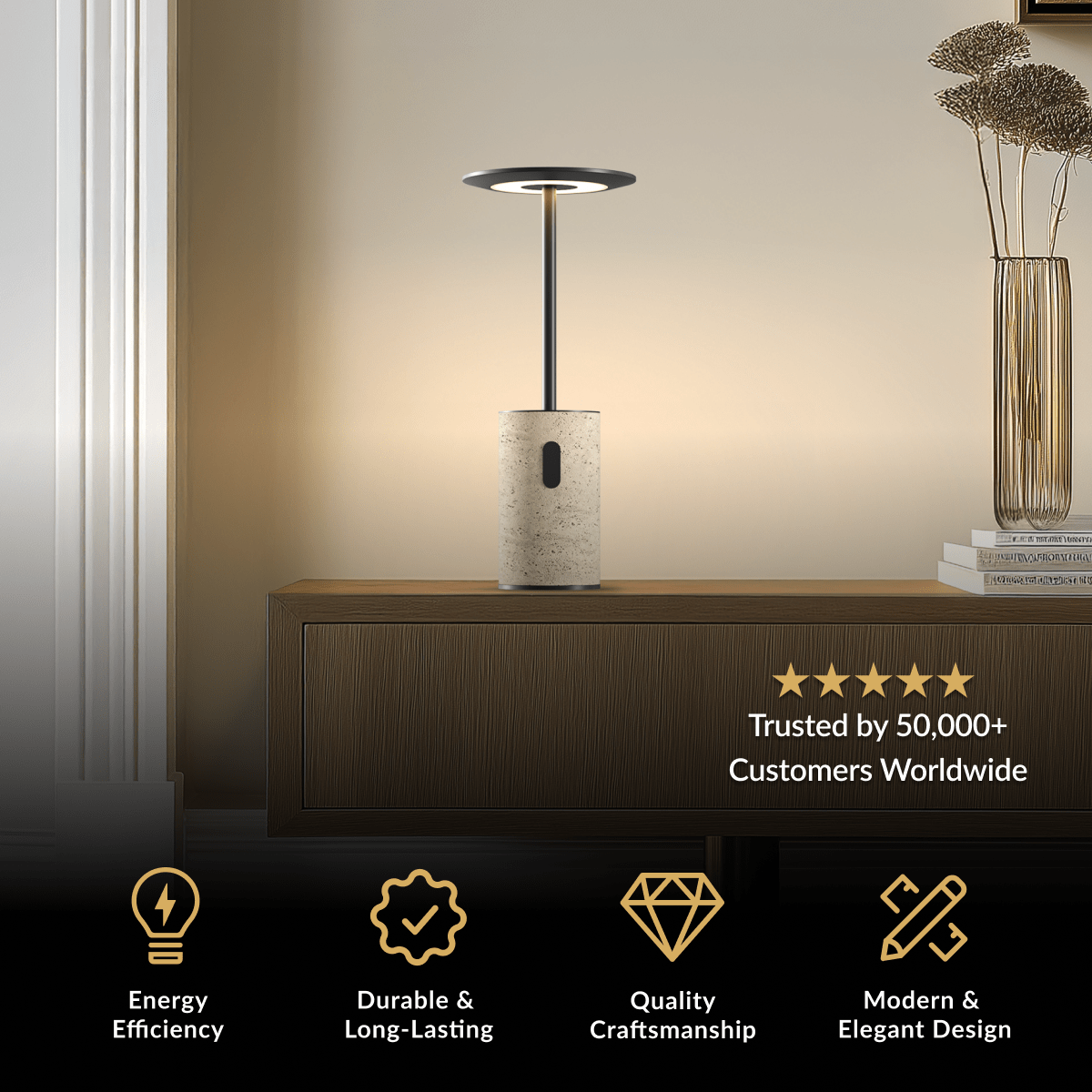 Vera rechargeable table lamp, black disc shade on a slim stem over a travertine stone base